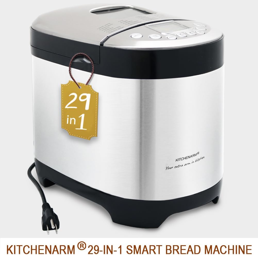 KITCHENARM 29-in-1 SMART Bread Machine with Gluten Free Setting 2LB 1.5LB 1LB Bread Maker Machine with Homemade Cycle - Stainless Steel Breadmaker with Recipes Whole Wheat Bread Making Machine