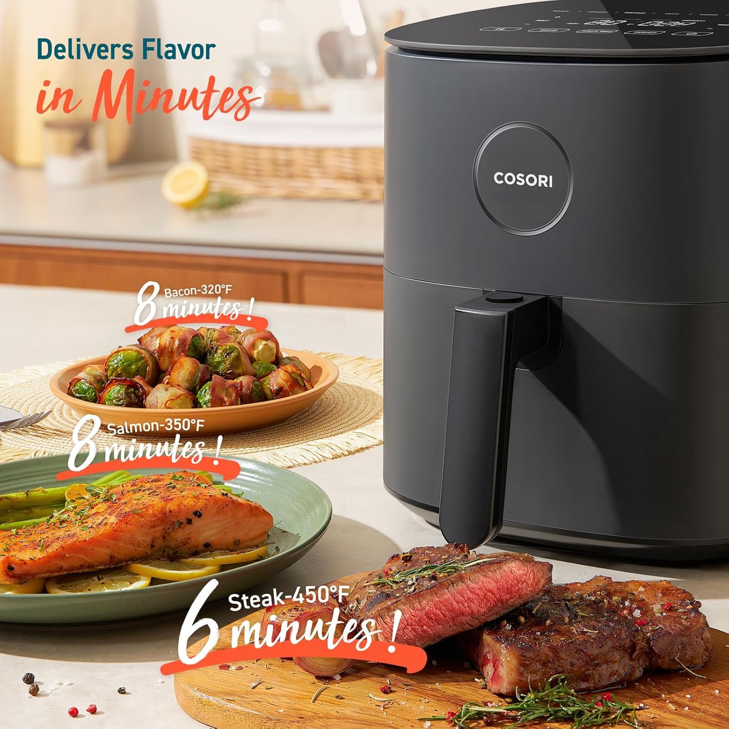 COSORI Air Fryer 9-in-1, Compact 5-Qt, Perect for Meat Enthusiasts with 450°F Max Heat Function , 130+ In-App Recipes, Little to No Oil, Easy Clean Glass Touch Panel & Nonstick Basket, Gray