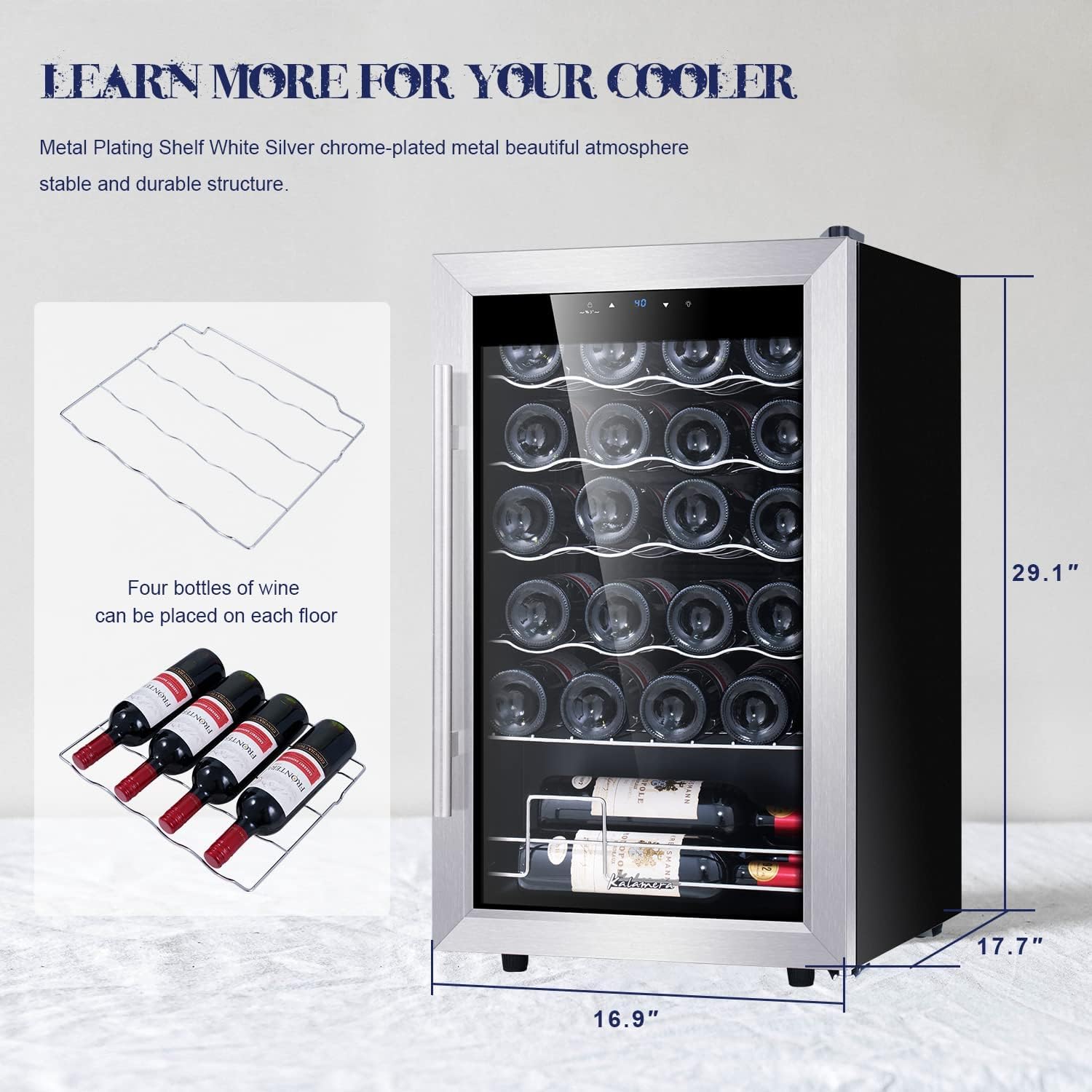 Kalamera 24 inch Wine Cooler, 46 Bottle - Dual Zone Built-in or Freestanding Fridge with Stainless Steel Reversible Glass Door, for Home, Kitchen, or Office.