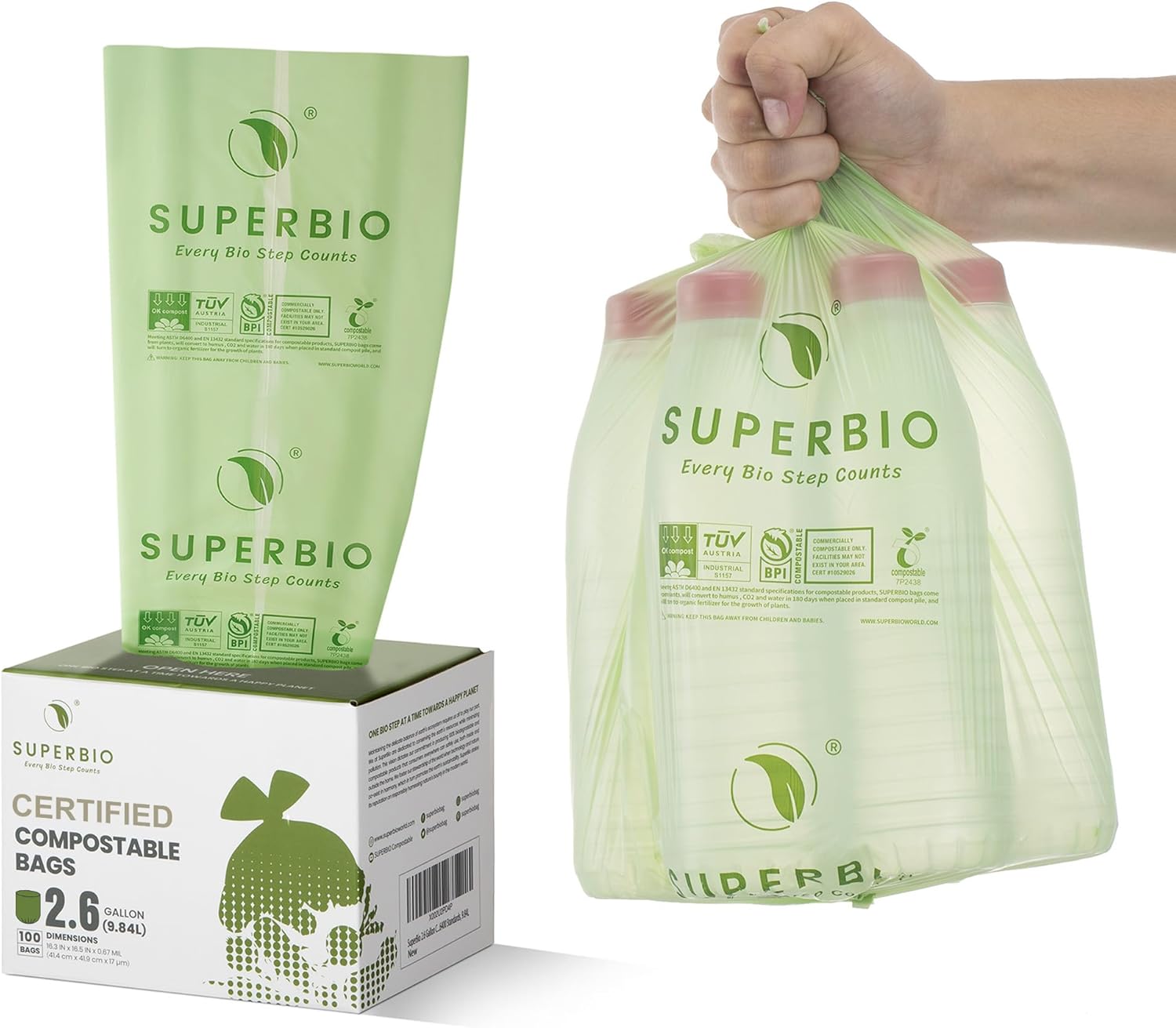 SUPERBIO 1.6 Gallon Handle Tie Compostable Food Scrap Bags For Counter Top Compost Bin, Small Compost Bags, 50 Count, 6 Liter, BPI & OK compost INDUSTRIAL Certified