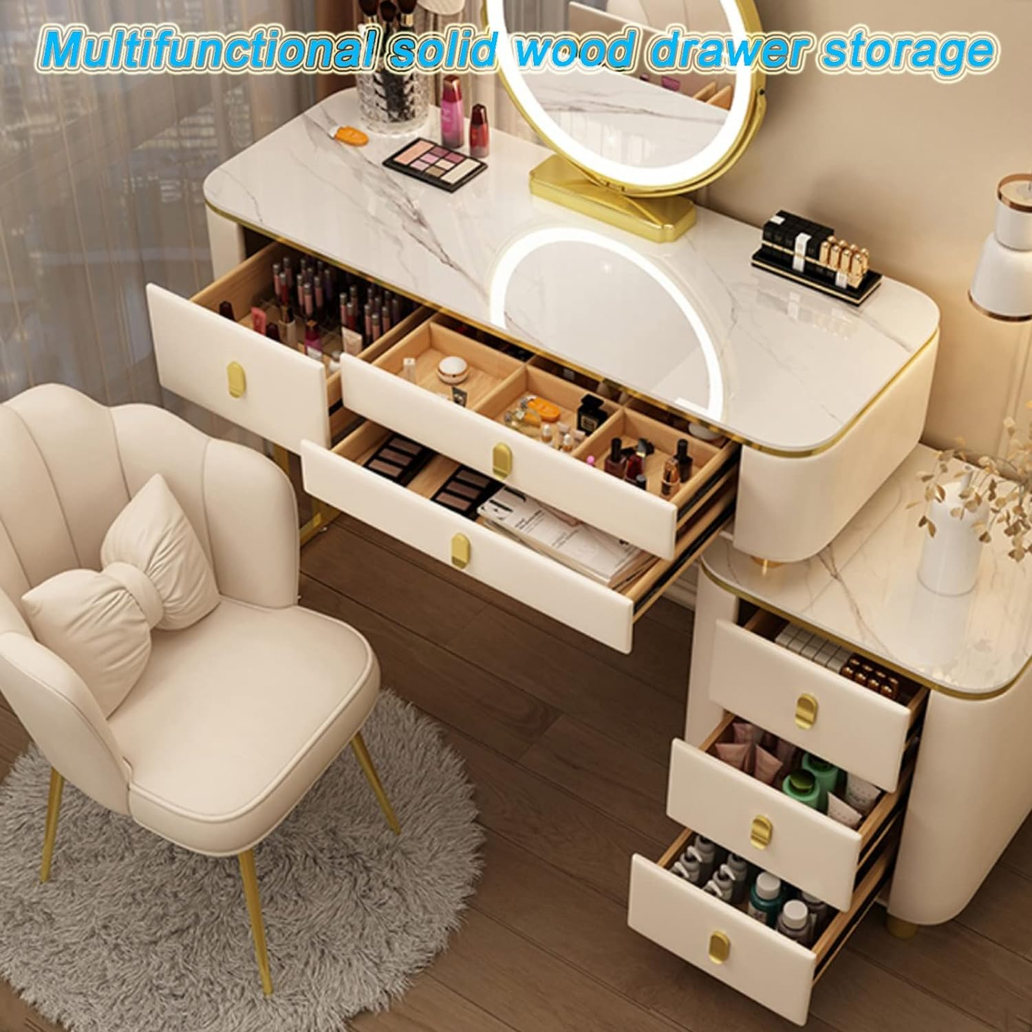 BUJOG Dressing Table with Lighted Mirror, Dressing Table with Padded Stool and 6 Drawers, Dressing Table Set with 3 Colour Lighting Modes, Storage Shelves for Girls and Women Bedrooms