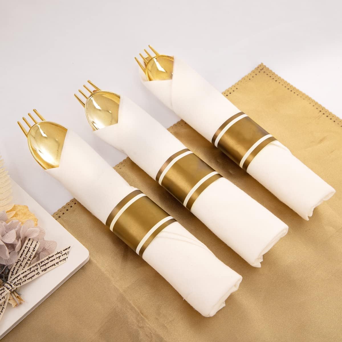 Supernal 60 Pack Pre Rolled Napkins with Gold Plastic Silverware, Premium Disposable Gold Wrapped Cutlery Set Includes: 60 Forks 60 Knives 60 Spoons 60 Napkin for Party