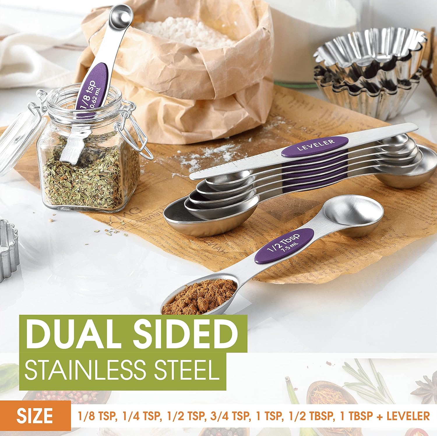 Spring Chef Magnetic Measuring Spoons Set with Strong N45 Magnets, Heavy Duty Stainless Steel Metal, Fits in Most Kitchen Spice Jars for Baking & Cooking, BPA Free, Black, Set of 8 with Leveler