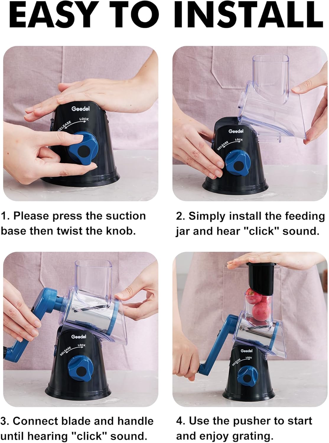 Geedel Rotary Cheese Grater, Kitchen Mandoline Vegetable Slicer with 3 Interchangeable Blades, Easy to Clean Grater for Fruit, Vegetables, Nuts