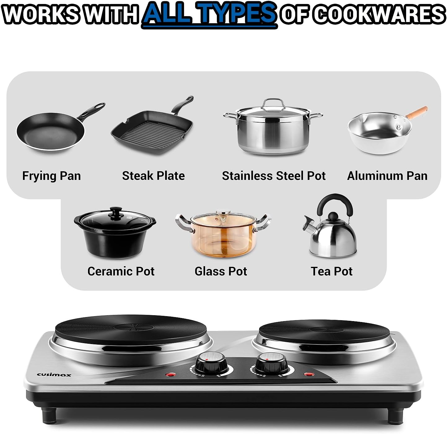 CUSIMAX Electric Hot Plate for Cooking Portable Single Burner 1500W Cast Iron hot plates Heat-up in Seconds Adjustable Temperature Control Stainless Steel Non-Slip Rubber Feet Upgraded Version B101