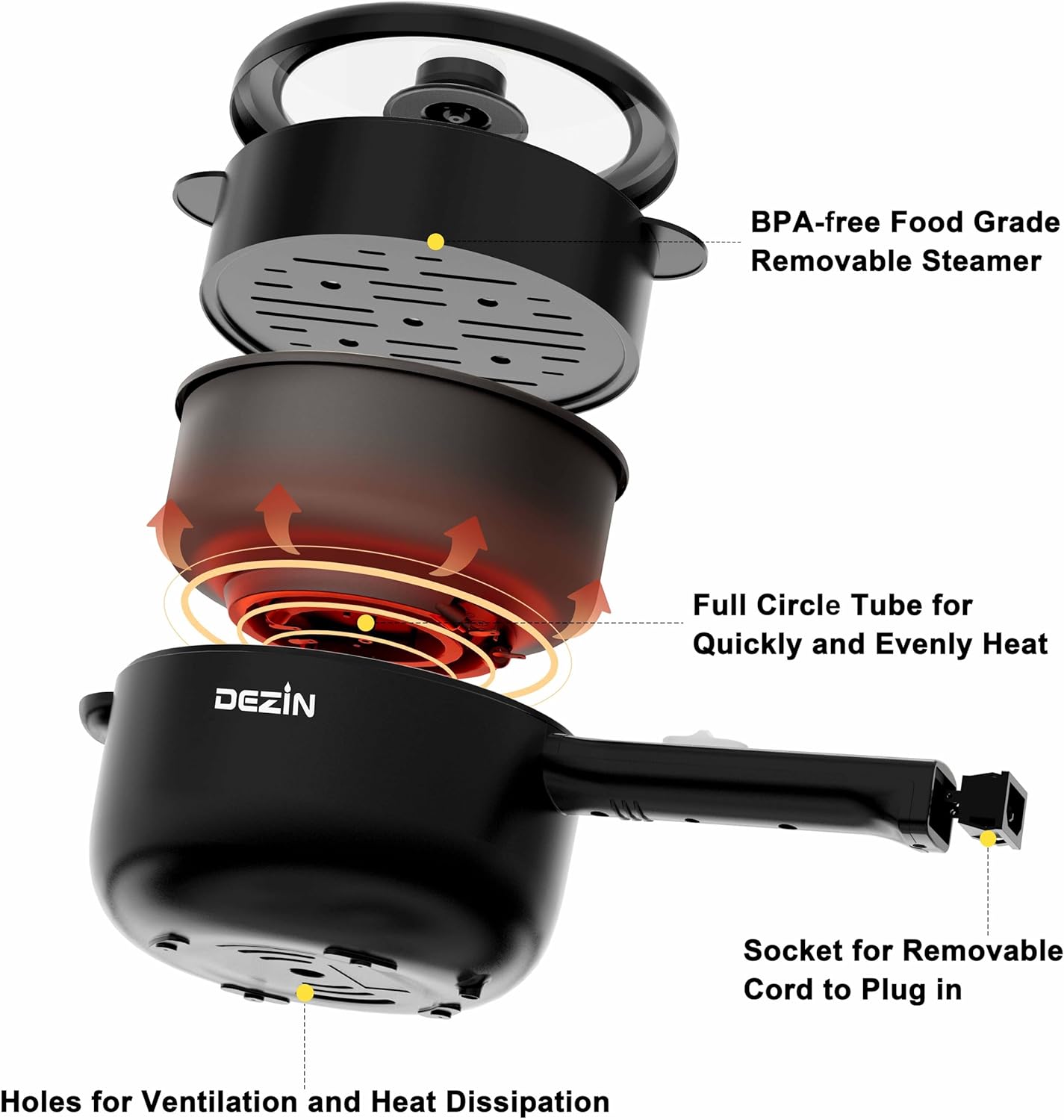 Dezin Electric Cooker, 2L Non-Stick Sauté Pan, Rapid Noodles Cooker, Mini Pot for Ramen with Power Adjustment, Dorm Room Essential (Egg Rack Included)