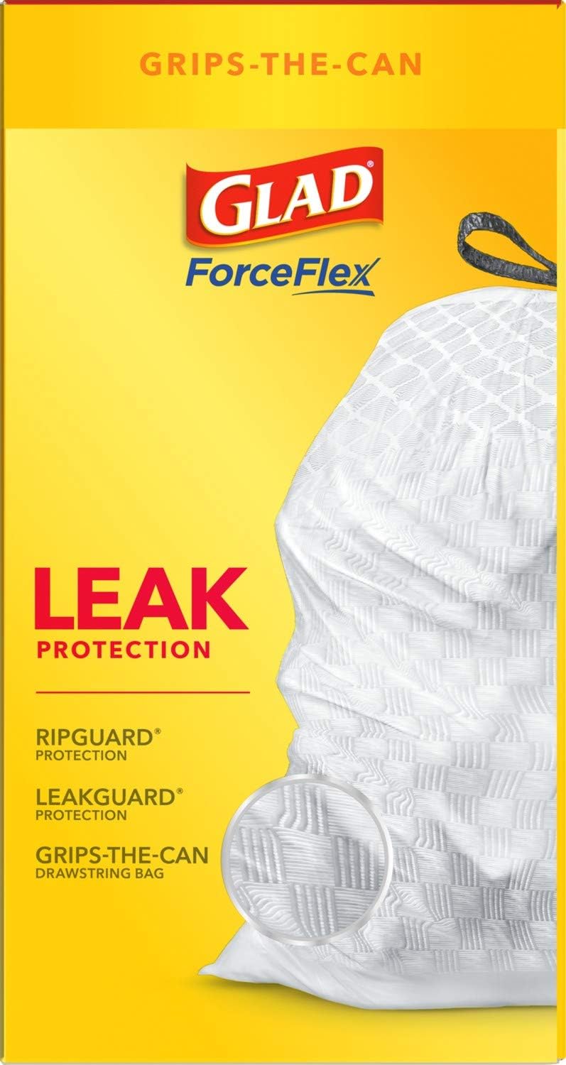 GLAD ForceFlex Tall Drawstring Trash Bags, 13 Gallon White Trash Bags for Tall Kitchen Trash Can, Unscented Leak Protection Bags, 120 Count - Packaging May Vary