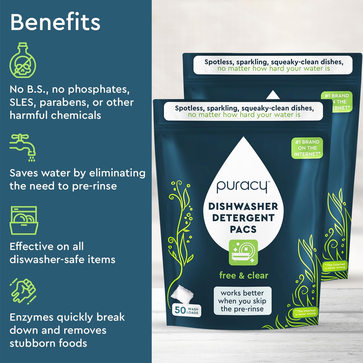 Puracy Dishwasher Pods 50 Count, Natural Dishwasher Detergent, Free & Clear Dish Tabs, Tiktok Trend Items, Enzyme-Powered, Spot & Residue-Free, Must Haves from Tiktok Made Me Buy It