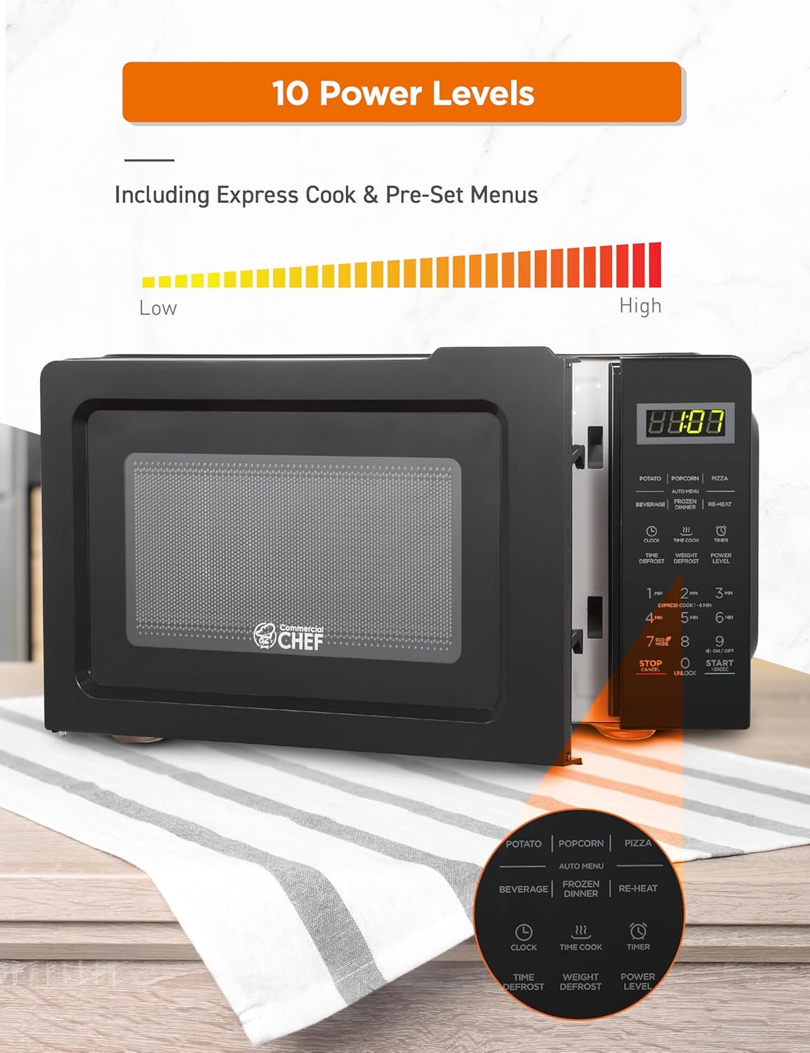 COMMERCIAL CHEF 0.6 Cubic Foot Microwave with 6 Power Levels, Small Microwave with Grip Handle, 700W Countertop Microwave with 30 Minute Timer and Mechanical Dial Controls, White