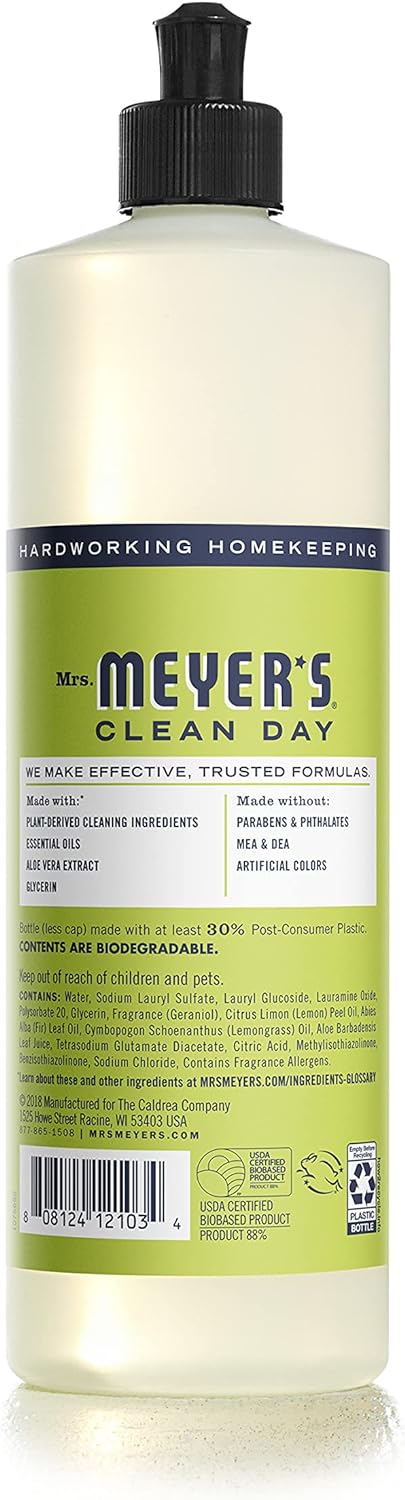 MRS. MEYER'S CLEAN DAY Liquid Dish Soap, Biodegradable Formula, Basil, 16 fl. oz - Pack of 3
