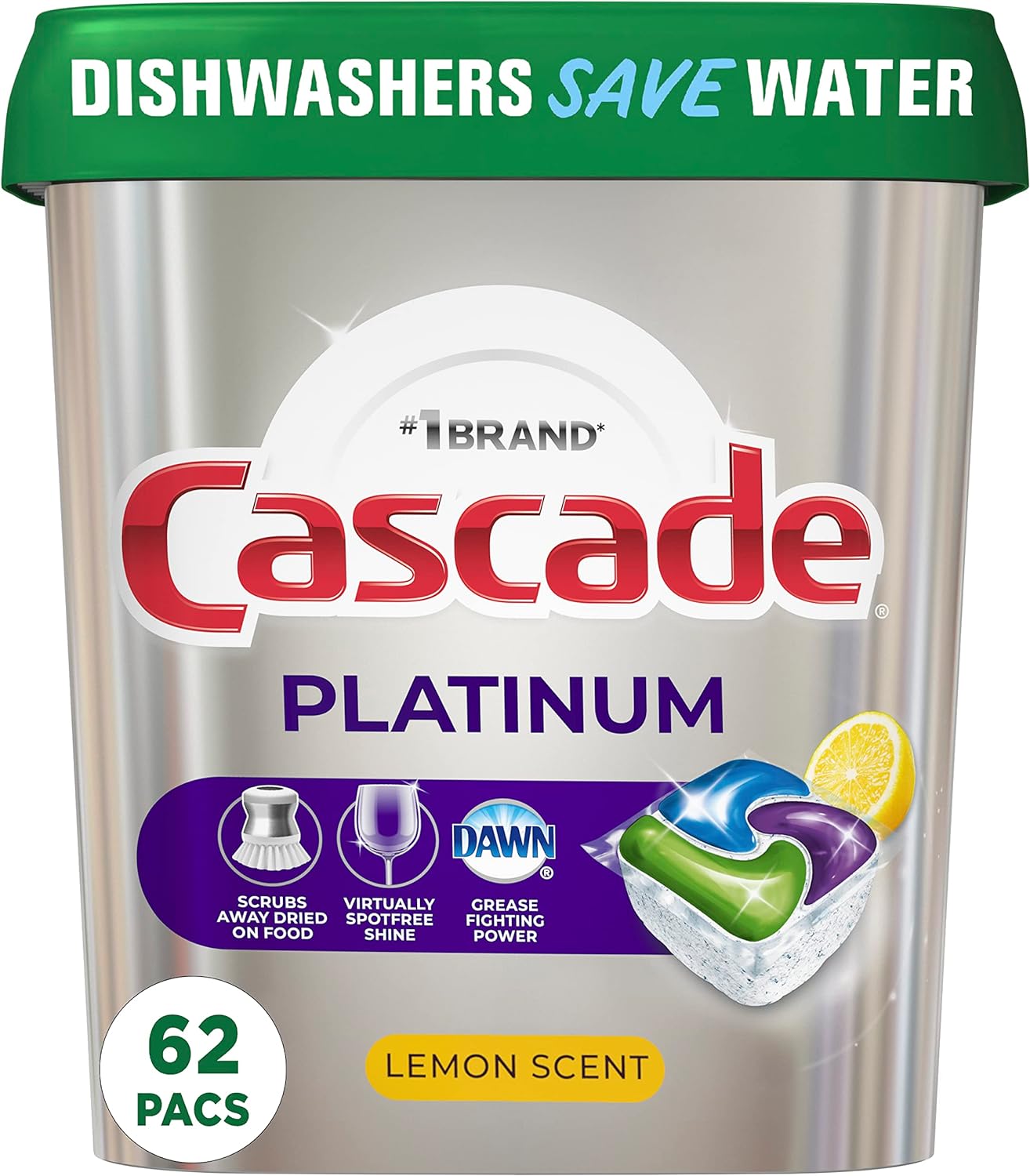 Cascade Platinum Dishwasher Pods, Detergent, Soap Pods, Actionpacs with Dishwasher Cleaner and Deodorizer Action, Fresh, 62 Count