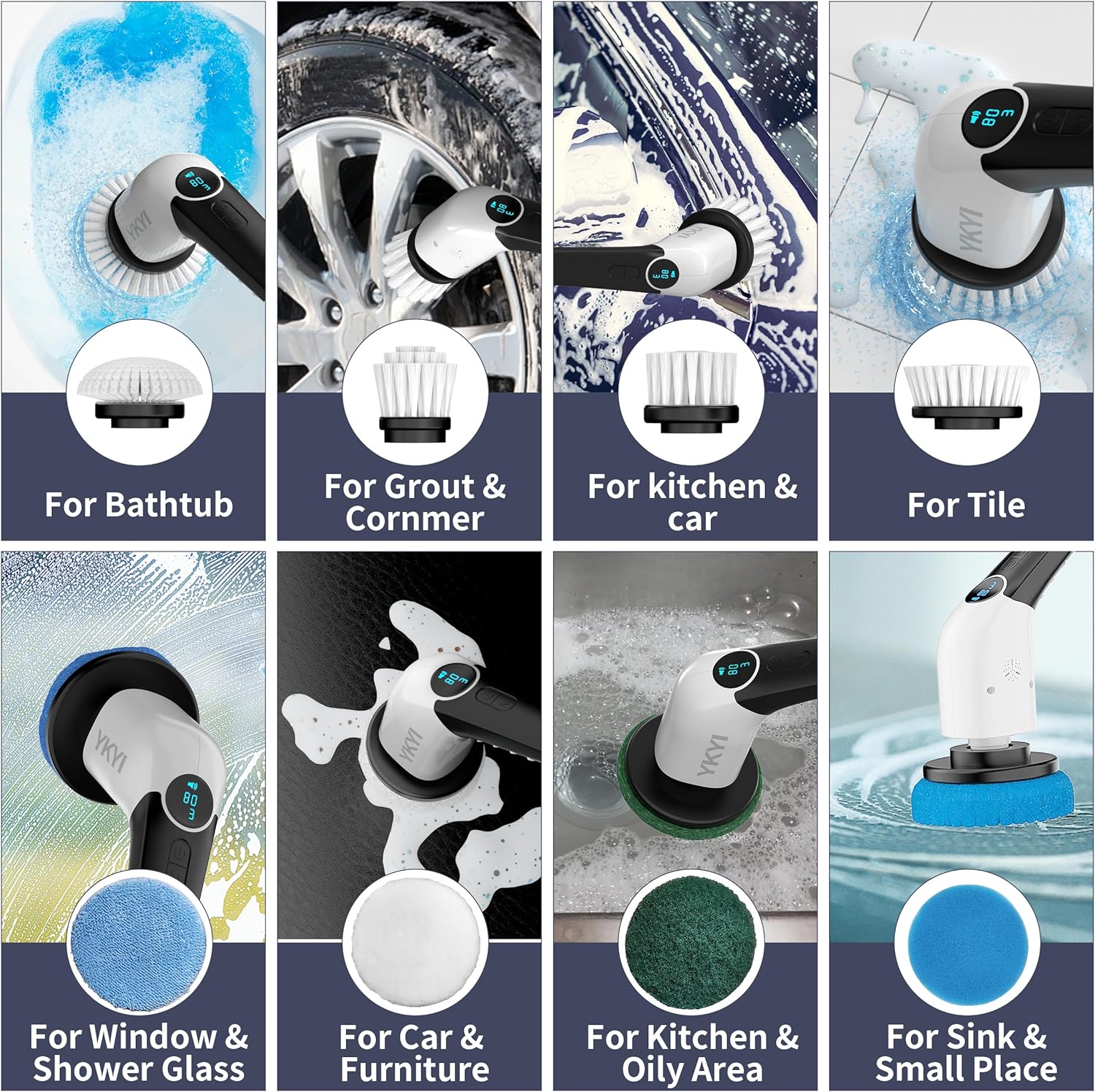 YKYI Electric Spin Scrubber,Cordless Cleaning Brush,Shower Cleaning Brush with 8 Replaceable Brush Heads, Power Scrubber 3 Adjustable Speeds,Adjustable & Detachable Long Handle,Voice Broadcast