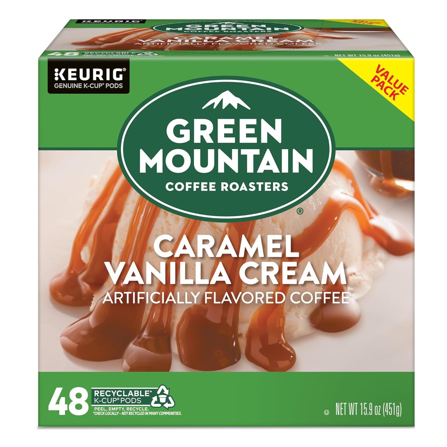 Green Mountain Coffee Roasters Caramel Vanilla Cream Keurig Single-Serve K-Cup pods, Light Roast Coffee, 72 Count (6 Packs of 12)