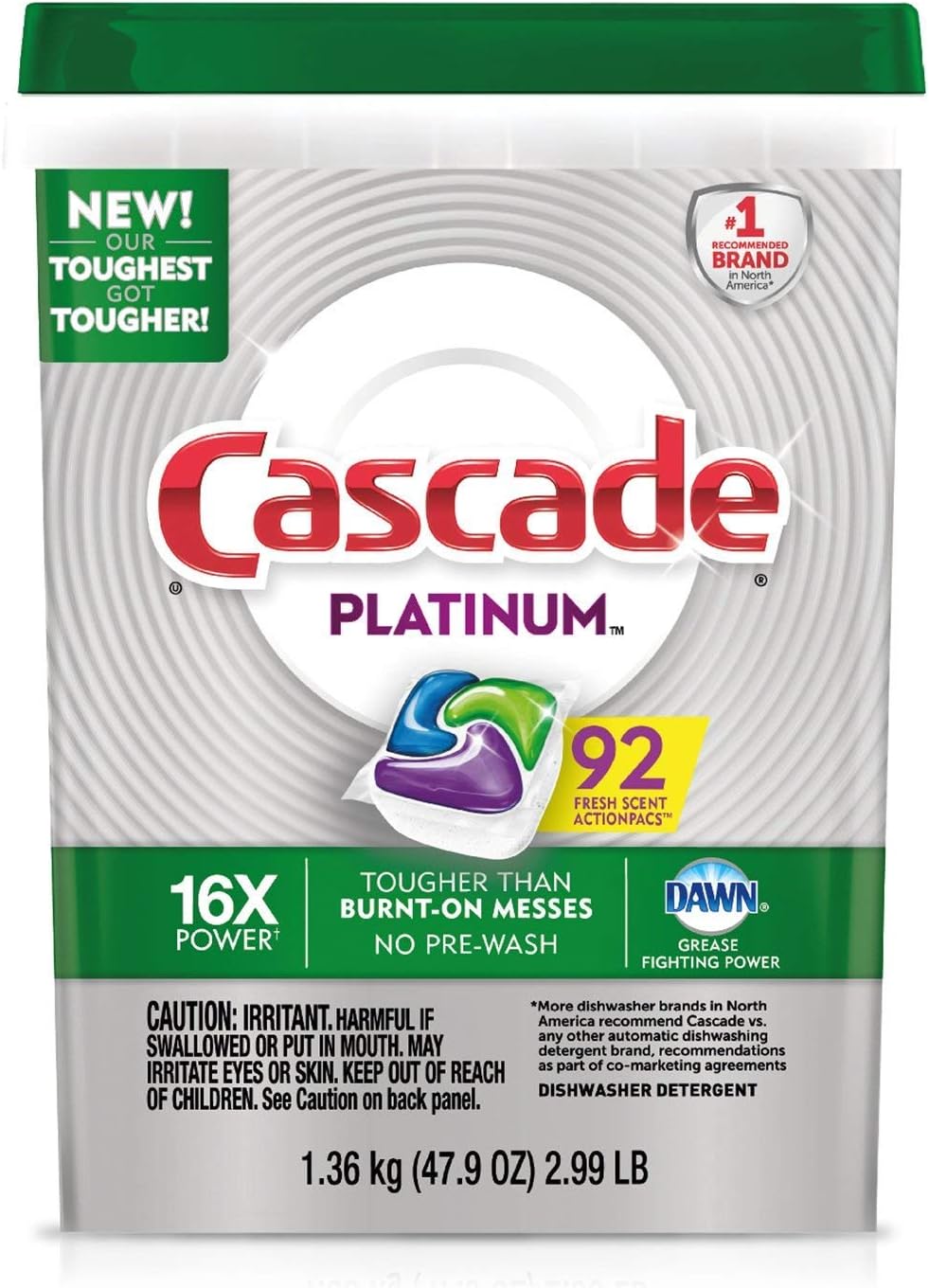 Cascade Platinum Dishwasher Pods, Detergent, Soap Pods, Actionpacs with Dishwasher Cleaner and Deodorizer Action, Fresh, 62 Count