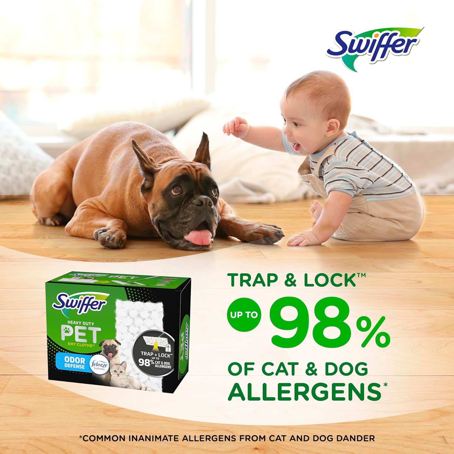 Swiffer Sweeper Pet Heavy Duty Dry Multi-Surface Cloth Refills for Floor Sweeping and Cleaning, Febreze Freshness, 32 count