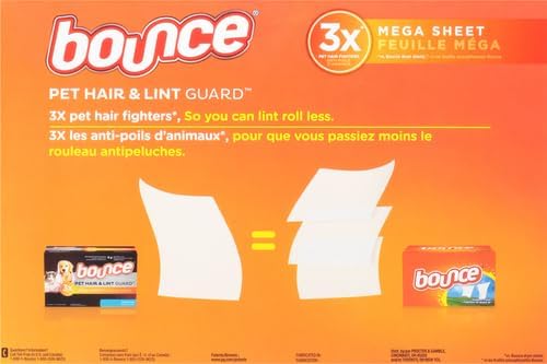 Bounce Pet Hair and Lint Guard Mega Fabric Softener Dryer Sheets with 3X Pet Hair Fighters, Fresh Scent, 180 Count, Bounce Dryer Sheets, Pet Hair Remover for Laundry