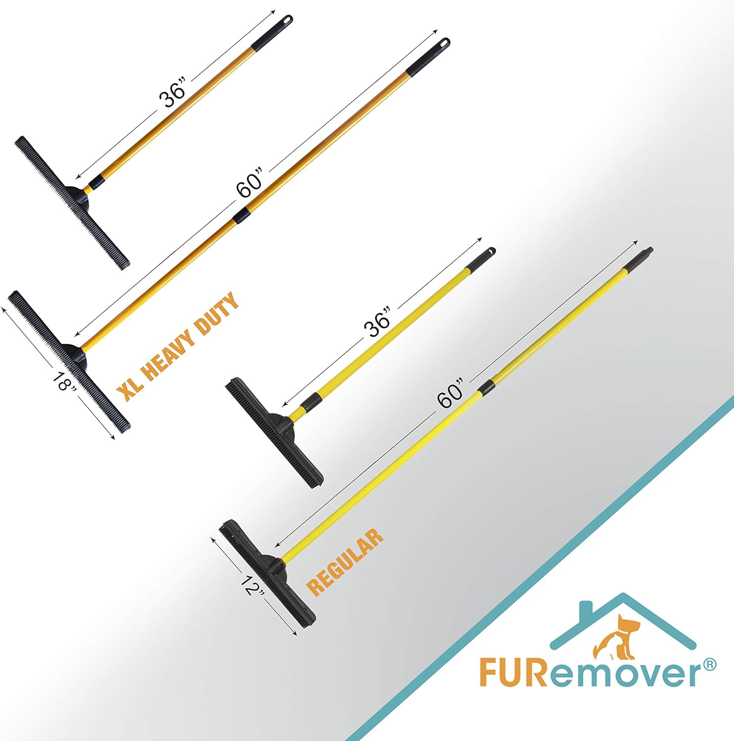 FURemover Original Indoor Pet Hair Rubber Broom with Carpet Rake and Squeegee, Black and Yellow