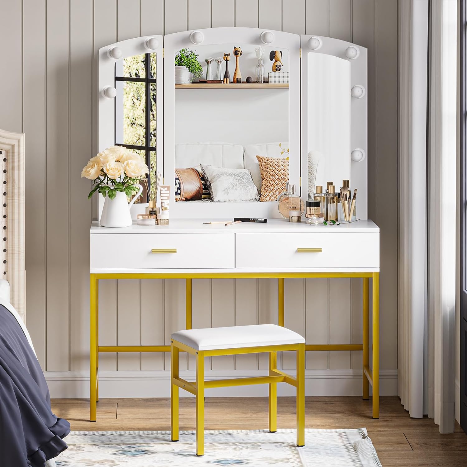 Semiocthome Vanity Desk with Mirror and Lights, Tri-Fold Large Mirror Makeup Vanity Desk with Lights, 60