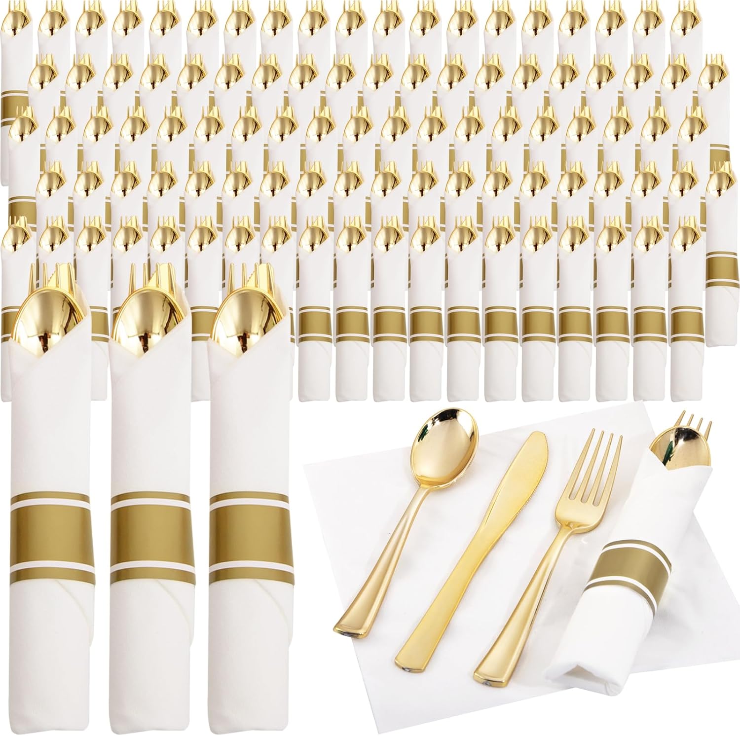 Supernal 60 Pack Pre Rolled Napkins with Gold Plastic Silverware, Premium Disposable Gold Wrapped Cutlery Set Includes: 60 Forks 60 Knives 60 Spoons 60 Napkin for Party