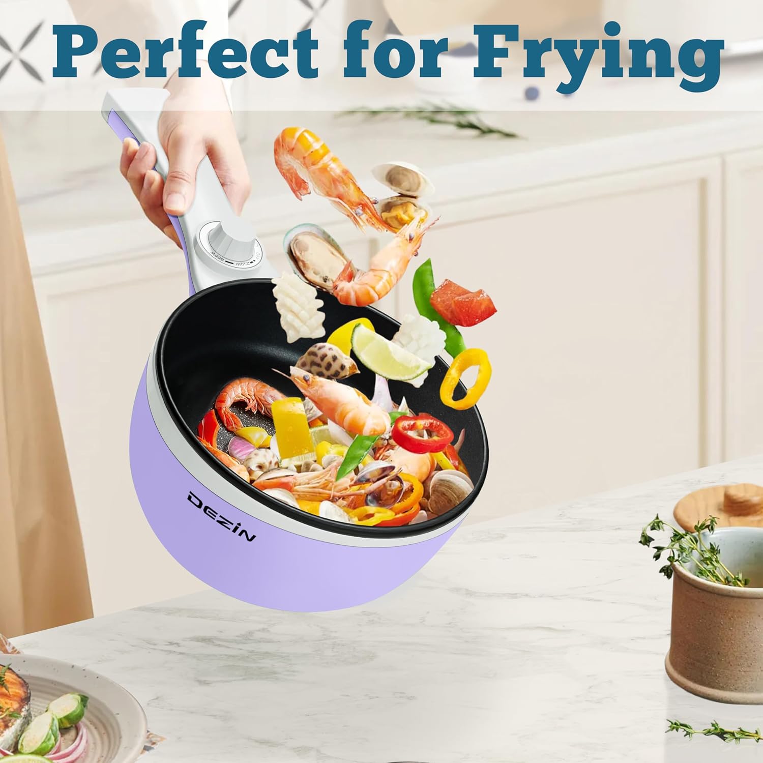 Dezin Hot Pot Electric Upgraded, Non-Stick Sauté Pan, Rapid Noodles Electric Pot, 1.5L Mini Portable Hot Pot for Steak, Egg, Fried Rice, Ramen, Oatmeal, Soup with Power Adjustment(Egg Rack Included)