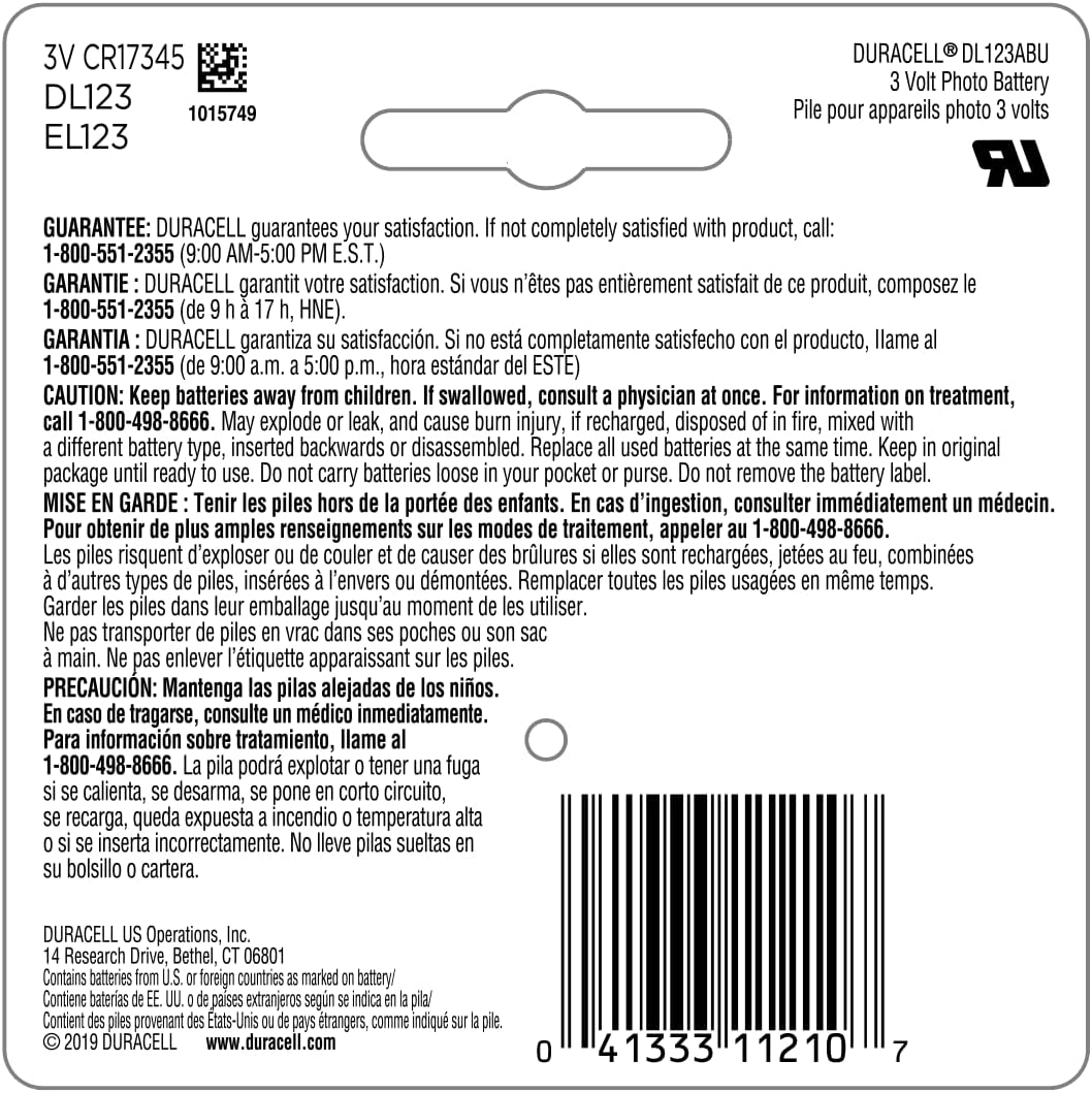Duracell CR123A 3V Lithium Battery, 6 Count Pack, 123 3 Volt High Power Lithium Battery, Long-Lasting for Home Safety and Security Devices, High-Intensity Flashlights, and Home Automation