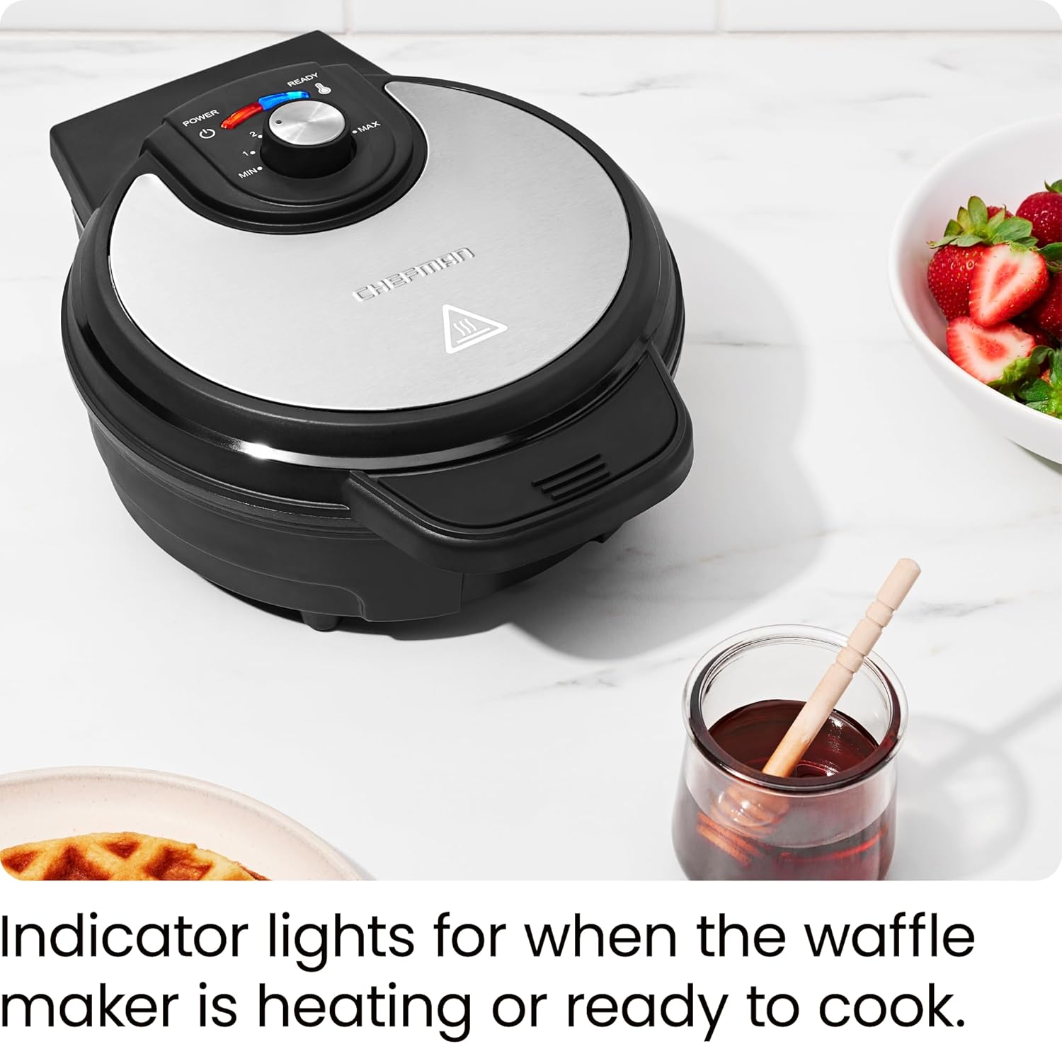 Chefman Anti-Overflow Belgian Waffle Maker w/Shade Selector, Temperature Control, Mess Free Moat, Round Iron w/Nonstick Plates & Cool Touch Handle, Measuring Cup Included, Black