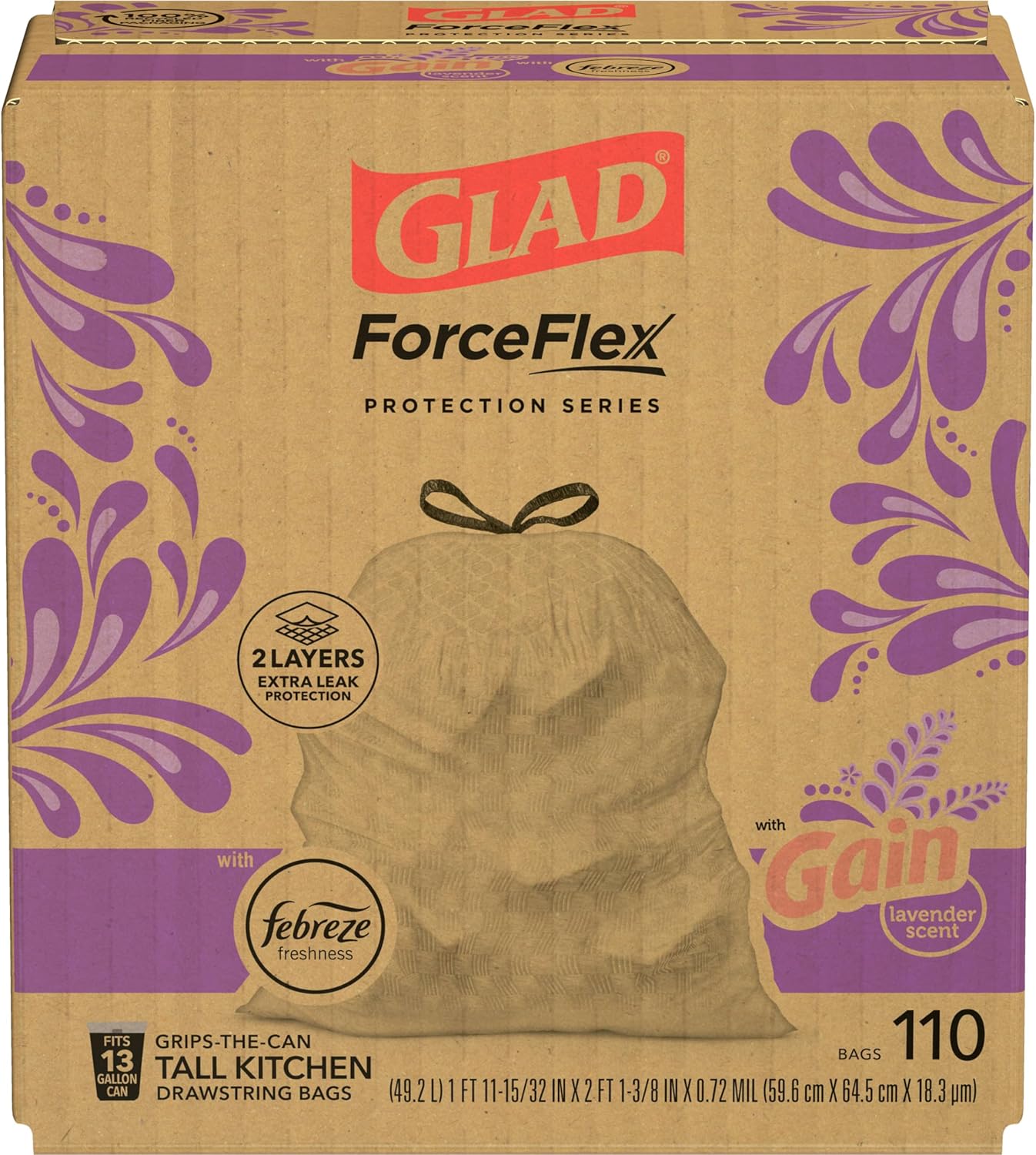 Glad ForceFlex Tall Kitchen Trash Bags, 13 Gal, Gain Original with Febreze, 110 Ct (Pack May Vary)
