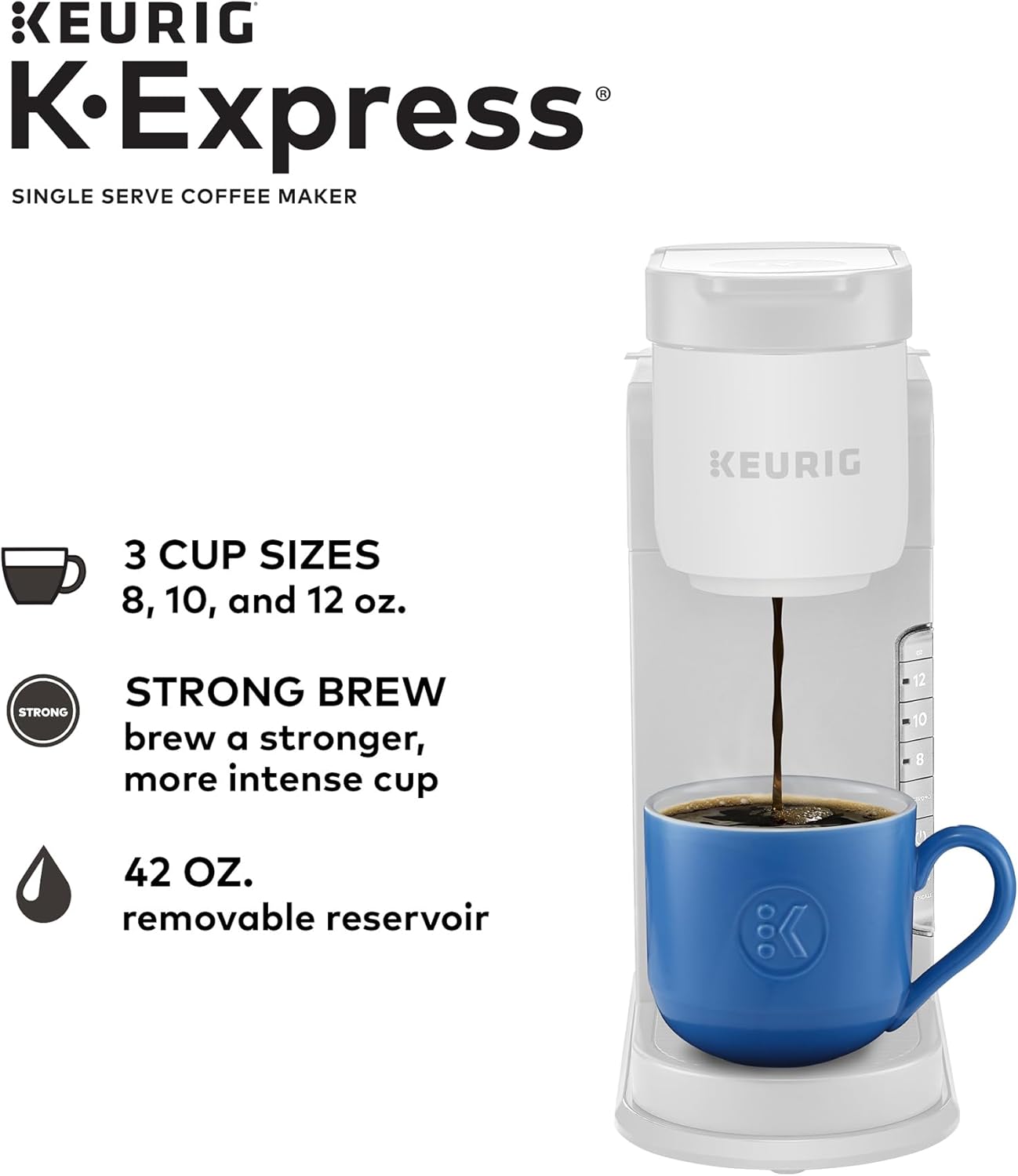 Keurig K-Express Single Serve K-Cup Pod Coffee Maker, 3 Brew Sizes, Strong Button Feature, 42oz Removable Reservoir, Black