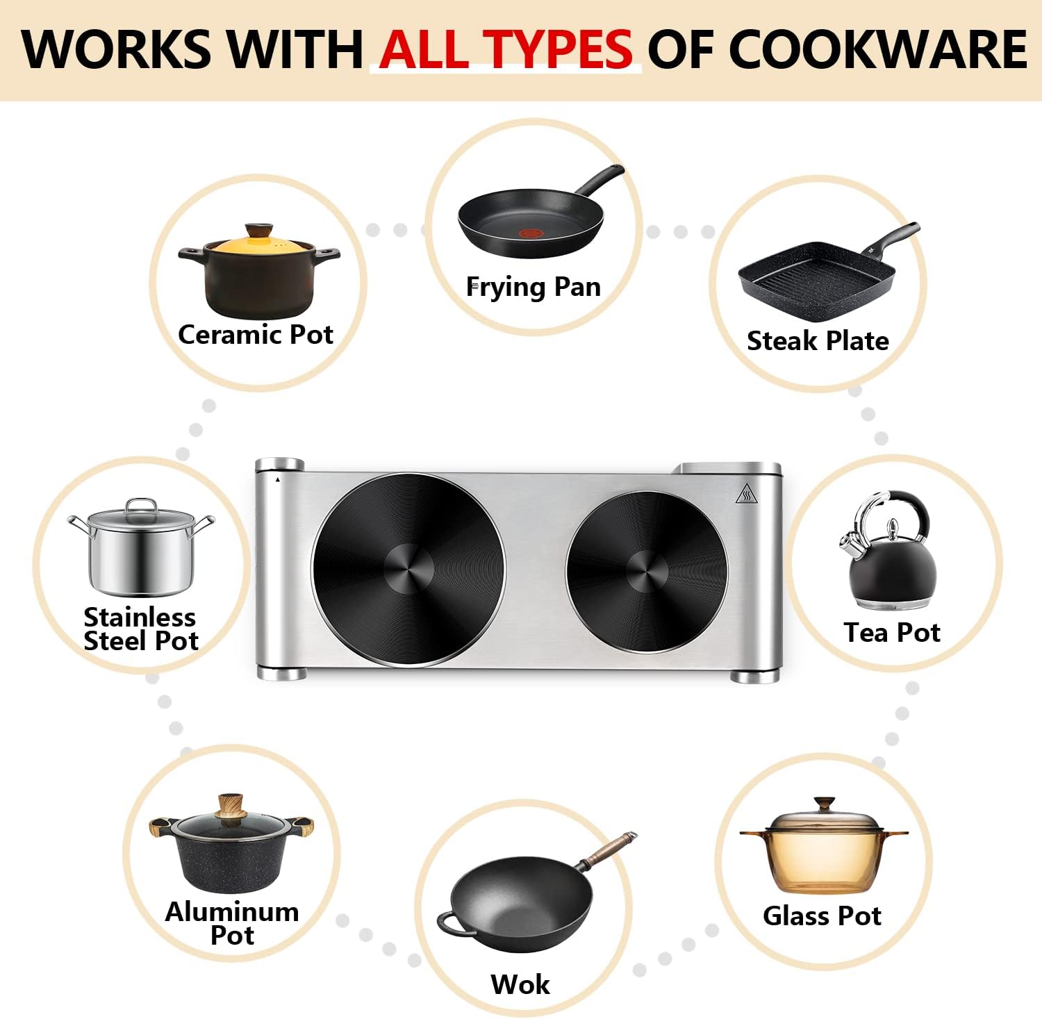 CUSIMAX 1800W Ceramic Electric Hot Plate for Cooking, Dual Control Infrared Cooktop, Double Burner, Portable Countertop Burner, Glass Plate Electric Cooktop, Silver, Stainless Steel-Upgraded Version