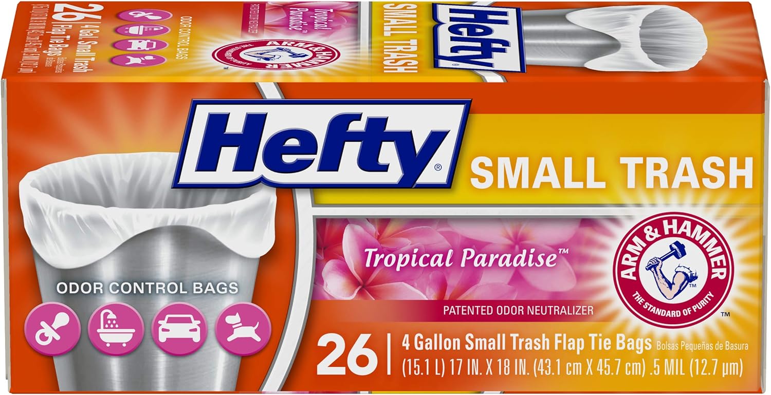 Hefty Small Garbage Bags, Flap Tie, Lavender & Sweet Vanilla Scent, 4 Gallon, 26 Count