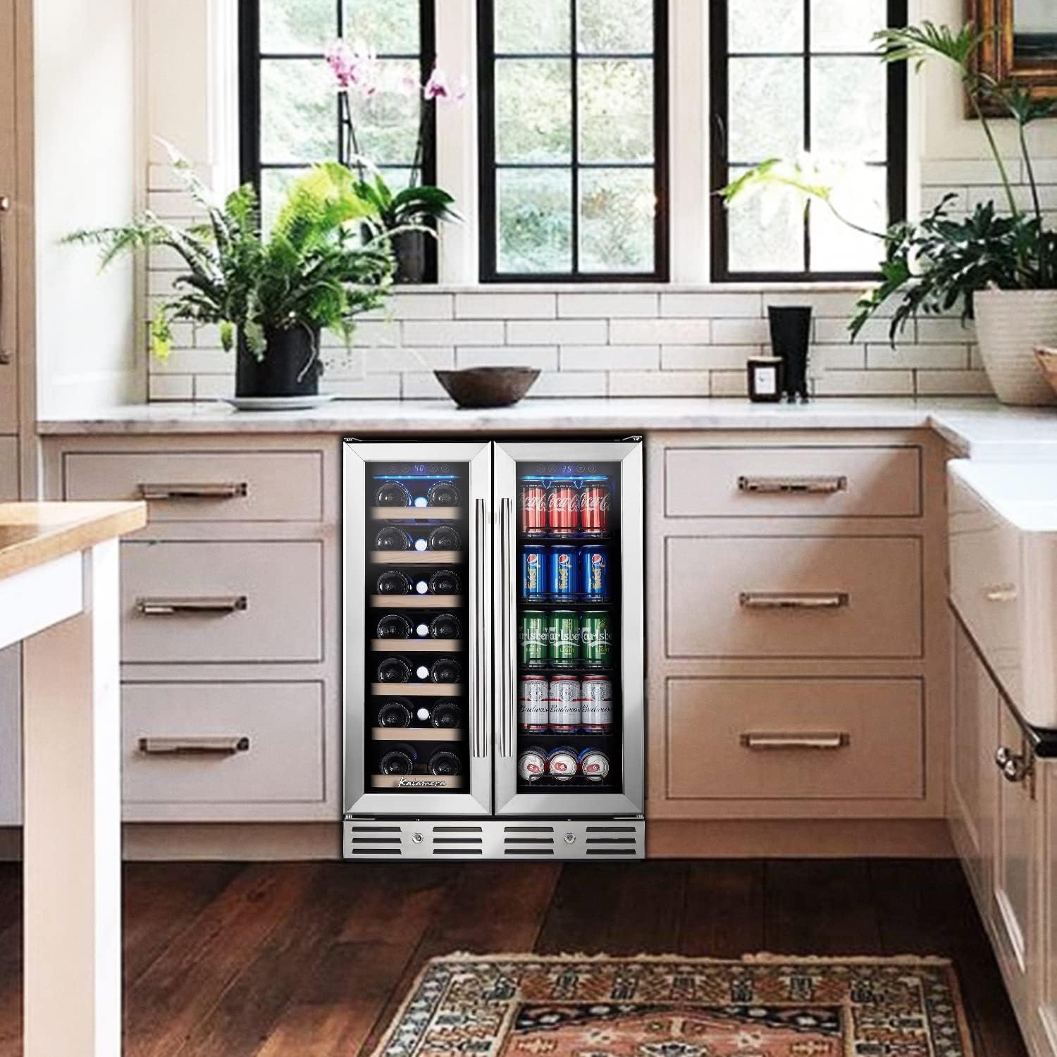 Kalamera 24 inch Wine Cooler, 46 Bottle - Dual Zone Built-in or Freestanding Fridge with Stainless Steel Reversible Glass Door, for Home, Kitchen, or Office.