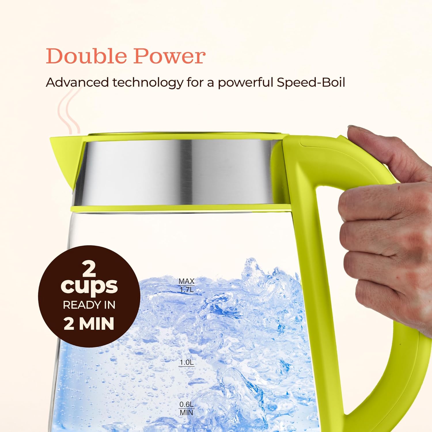 Speed-Boil Electric Kettle For Coffee & Tea - 1.7L Water Boiler 1500W, Borosilicate Glass, Easy Clean Wide Opening, Auto Shut-Off, Cool Touch Handle, LED Light. 360° Rotation, Boil Dry Protection