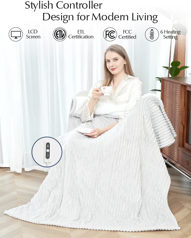 Heated Blanket Throw Size, Soft and Cozy Electric Heating Blanket for Bed, Automatic Safety System 6 Heating Levels & 4 Hours Auto-Off, 50