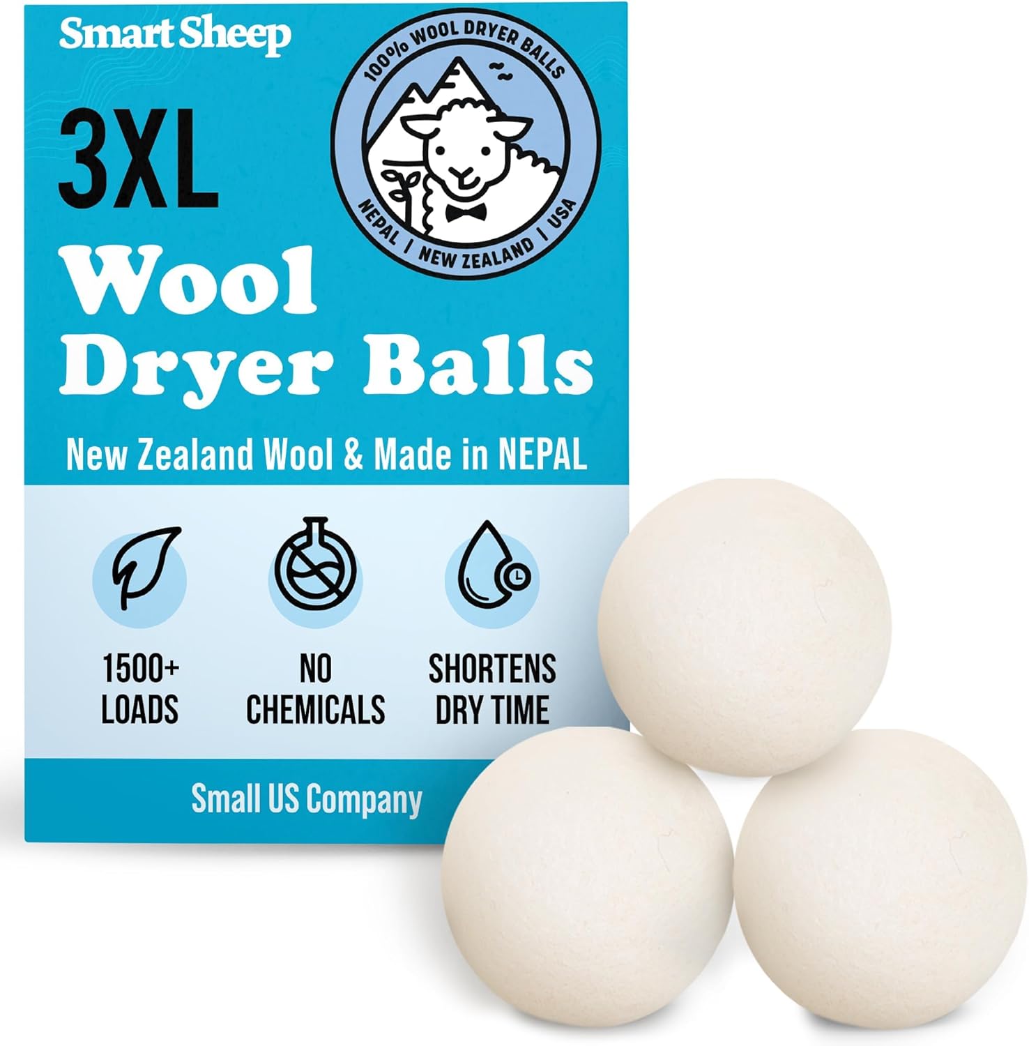 Wool Dryer Balls - Smart Sheep 3-Pack - XL Premium Natural Fabric Softener Award-Winning - Wool Balls Replaces Dryer Sheets - Laundry Balls