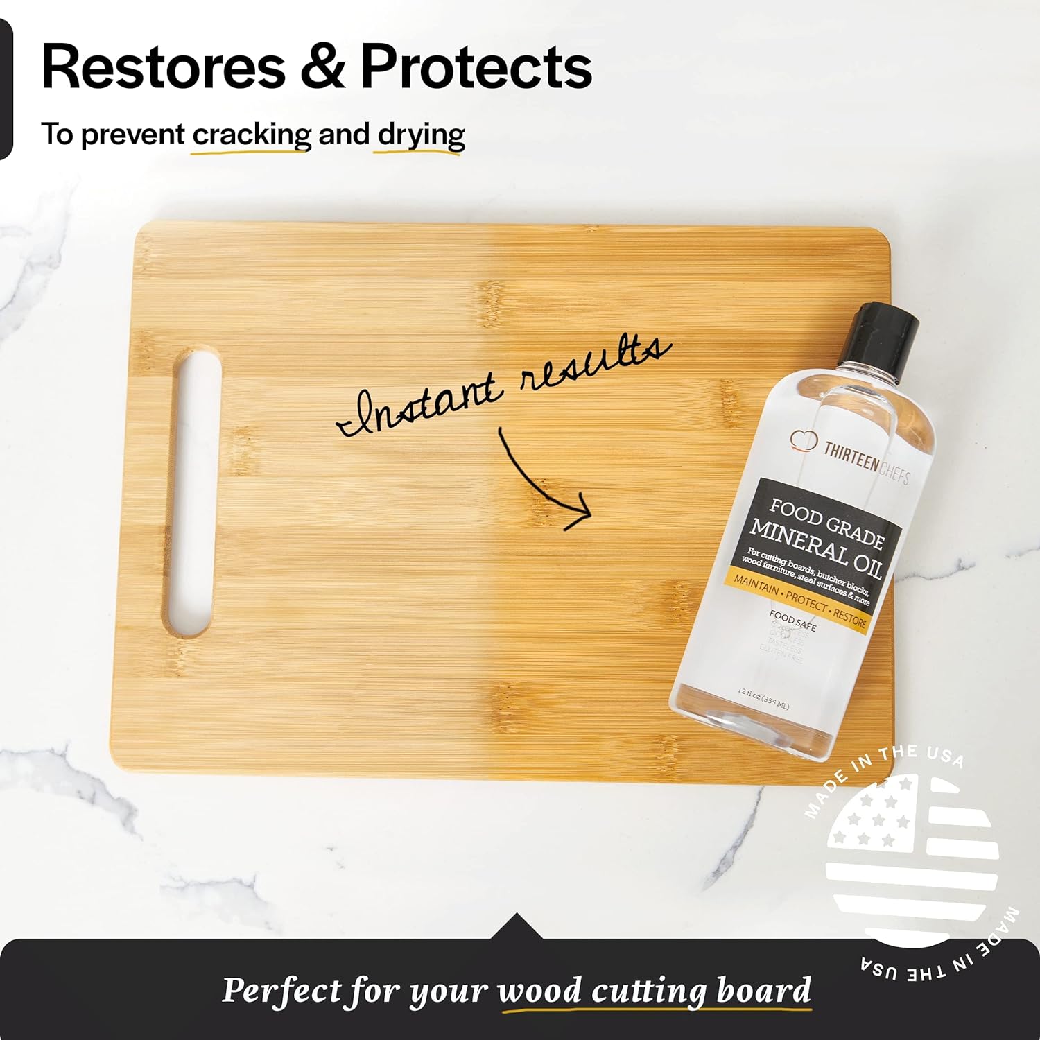 Thirteen Chefs Mineral Oil - 8 oz Food Grade Conditioner for Wood Cutting Board, Countertop & Butcher Block, Lubricant for Knife or Meat Grinder - Safe USP Finish on Marble, Soapstone