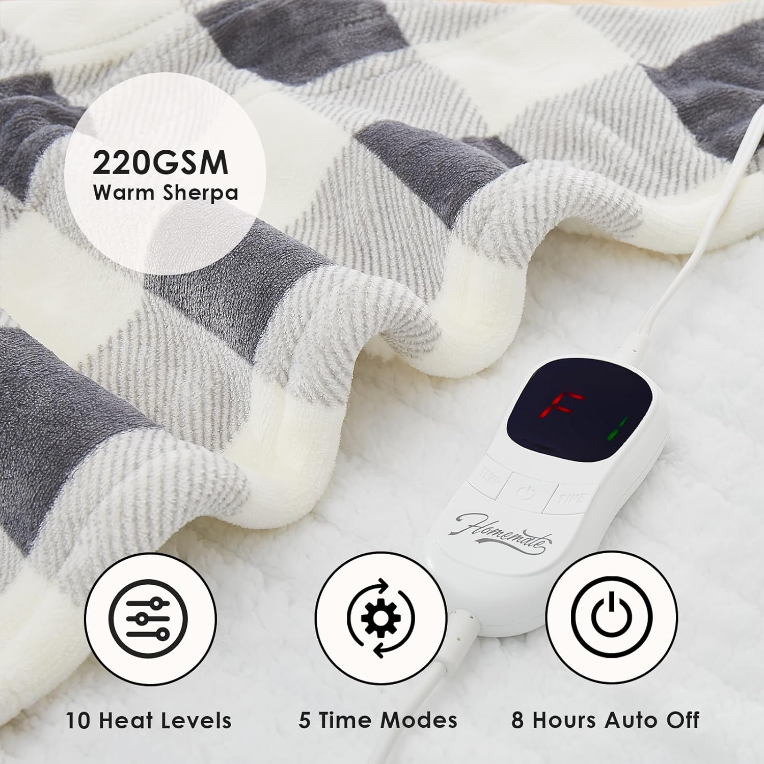 Homemate Electric Blanket Heated Throw - 50“x60“ Ultra Soft Cozy Flannel Heating Blanket with 10 Fast Heat Levels 8 Hours Auto Off Over-Heated Protection ETL Certification Keep Warm in Home Office
