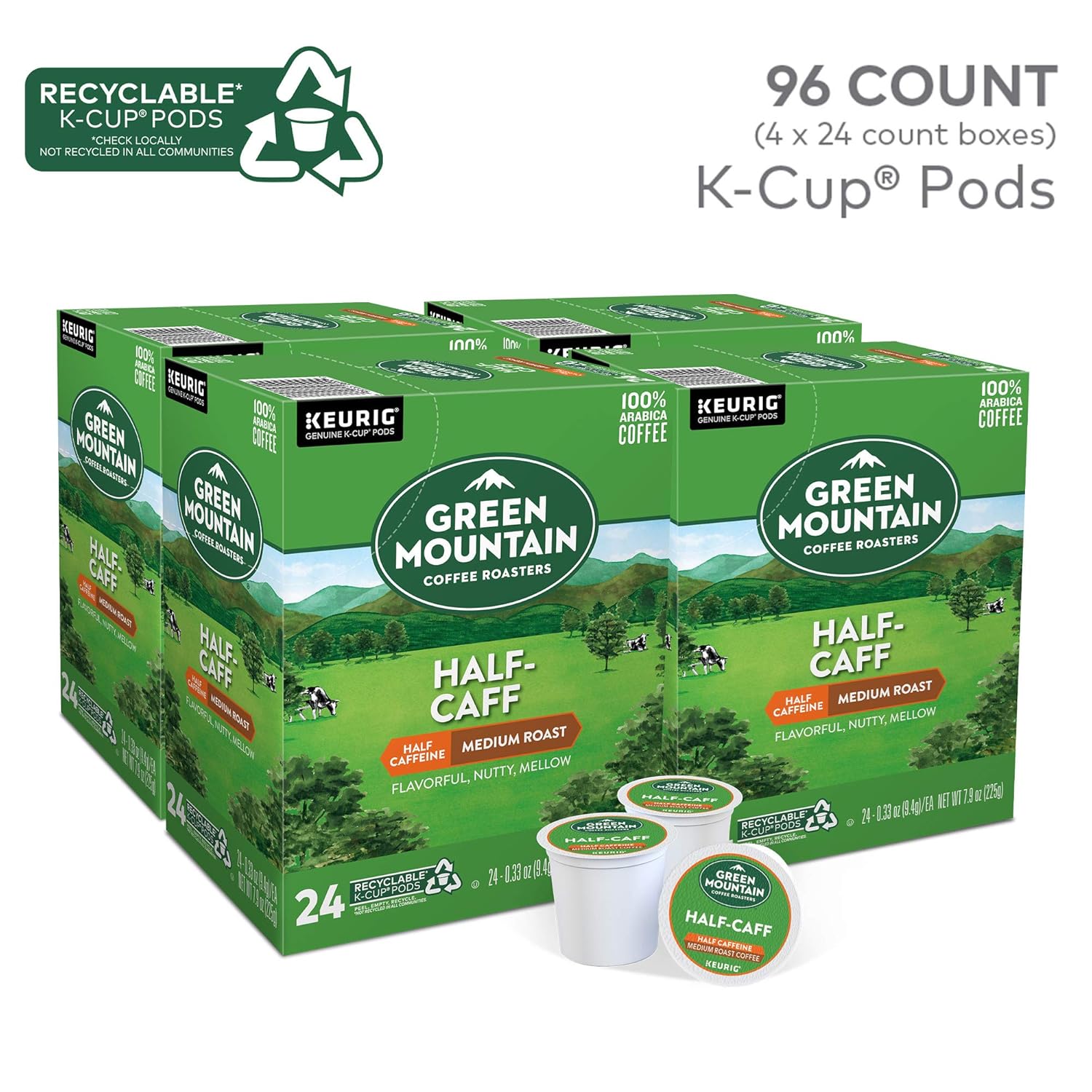 Green Mountain Coffee Roasters Half Caff Keurig Single-Serve K-Cup pods, Medium Roast Coffee, 72 Count (6 Packs of 12)