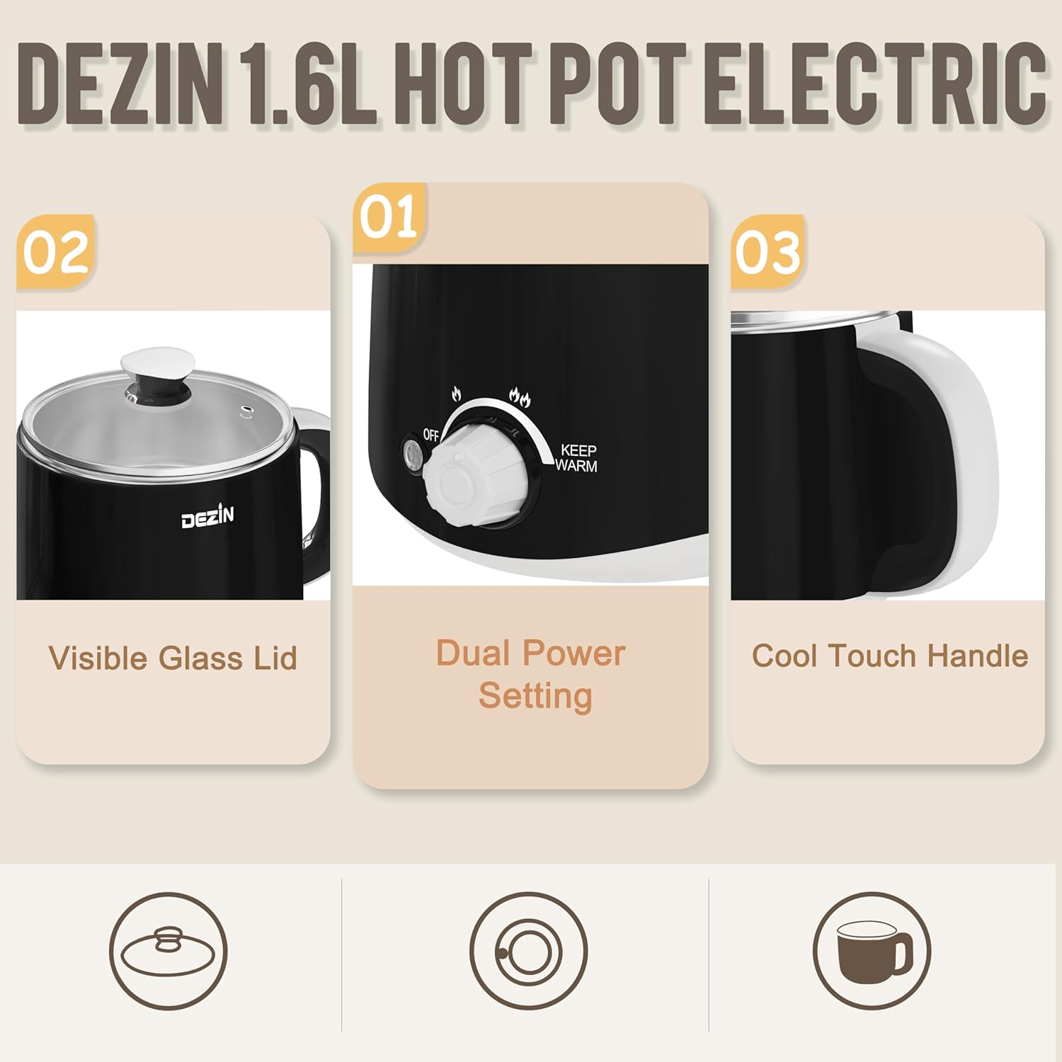 Dezin Electric Pot, 1.6L Ramen Cooker, Hot Pot Electric Stainless Steel, Multifunctional Electric Cooker for Egg, Pasta, Soup, Porridge, Oatmeal with Temperature Control and Keep Warm Function