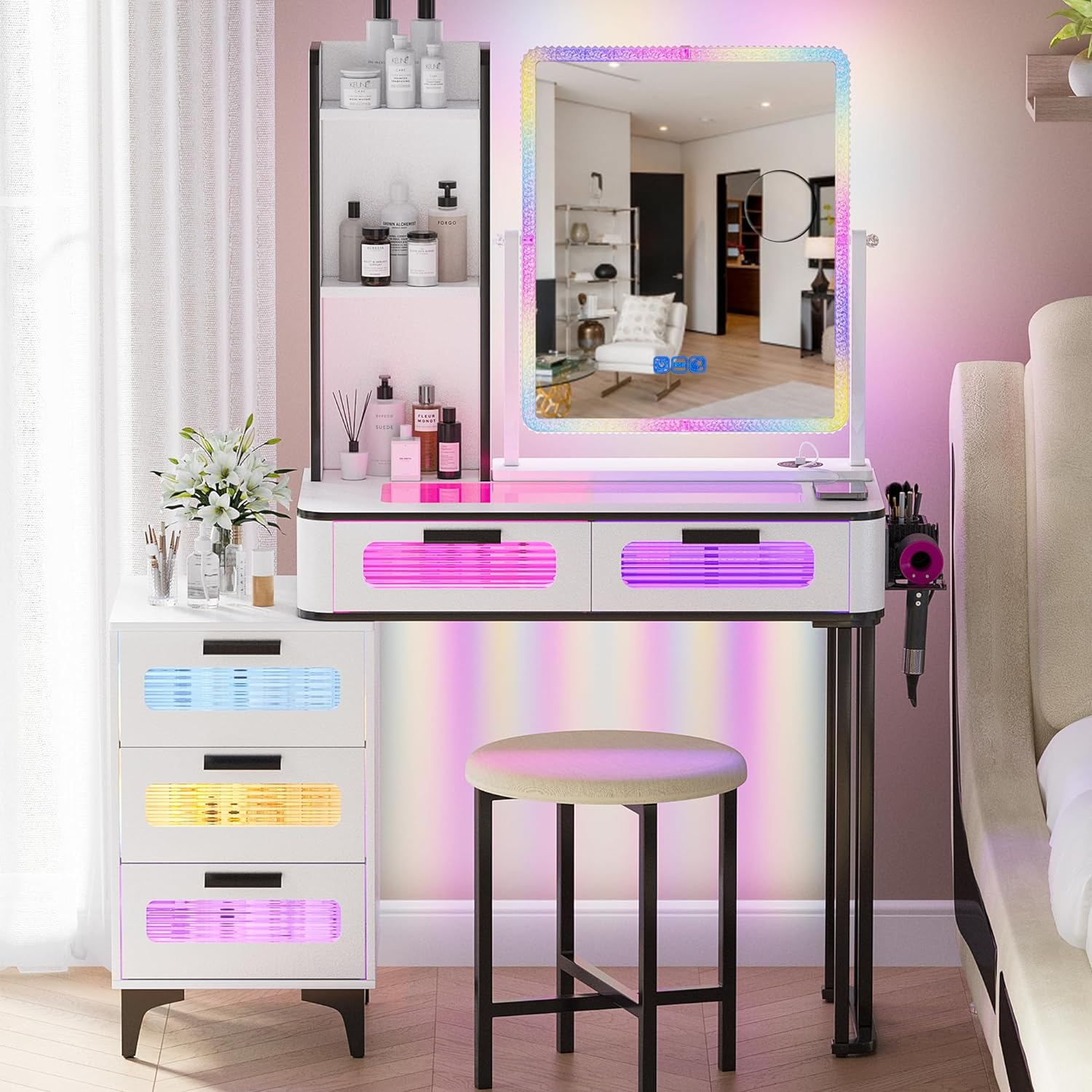 Figbird RGB Dressing Table with Wireless Charging Station and 1 USB & 1 Type-C Ports, 7 Dynamic and 7 Static Dimmable LED Dressing Tables with 6 Drawers and Glass Top, Modern,
