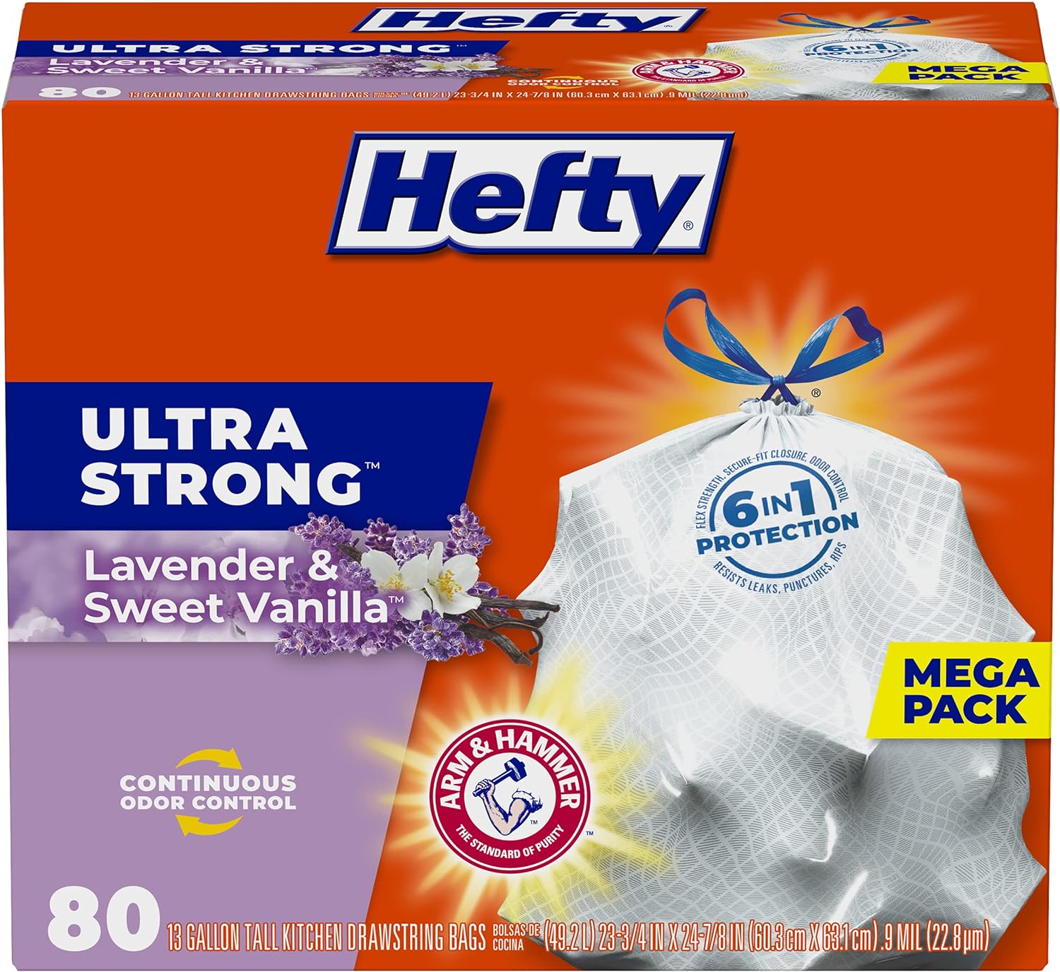 Hefty Ultra Strong Tall Kitchen Trash Bags, Lavender & Sweet Vanilla Scent, 13 Gallon, 80 Count