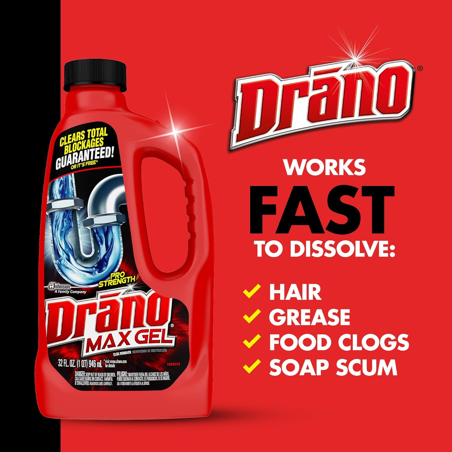 Drano Max Gel Drain Clog Remover and Cleaner for Shower or Sink Drains, Unclogs and Removes Hair, Soap Scum and Blockages, 80 Oz