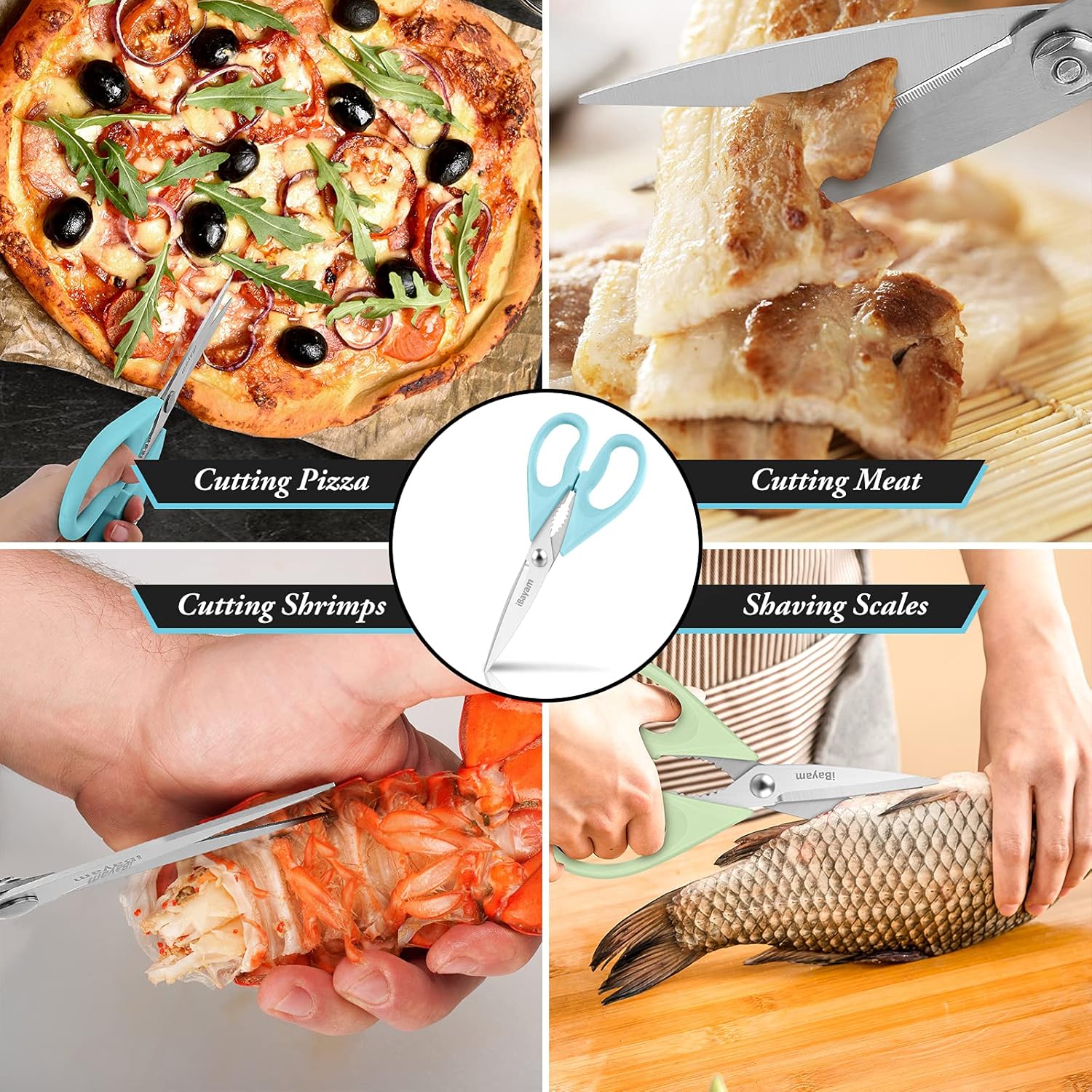 iBayam Kitchen Scissors All Purpose Heavy Duty Meat Poultry Shears, Dishwasher Safe Food Cooking Scissors Stainless Steel Utility Scissors, 2-Pack (Black Red, Black Gray)