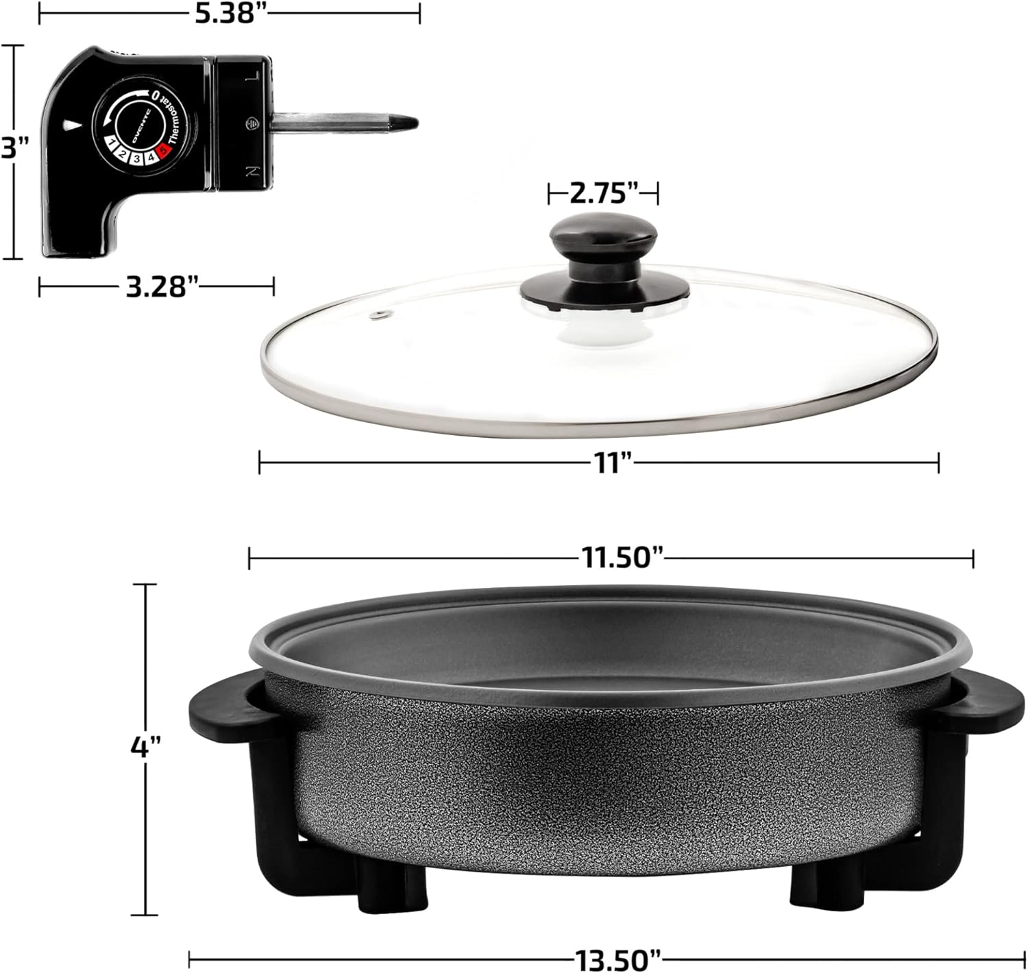 OVENTE 12 Inch Electric Skillet and Frying Pan with Nonstick Coating, 1400W Power, Adjustable Temperature Control, Tempered Glass Lid with Vent and Cool Touch Handles, Black SK11112B