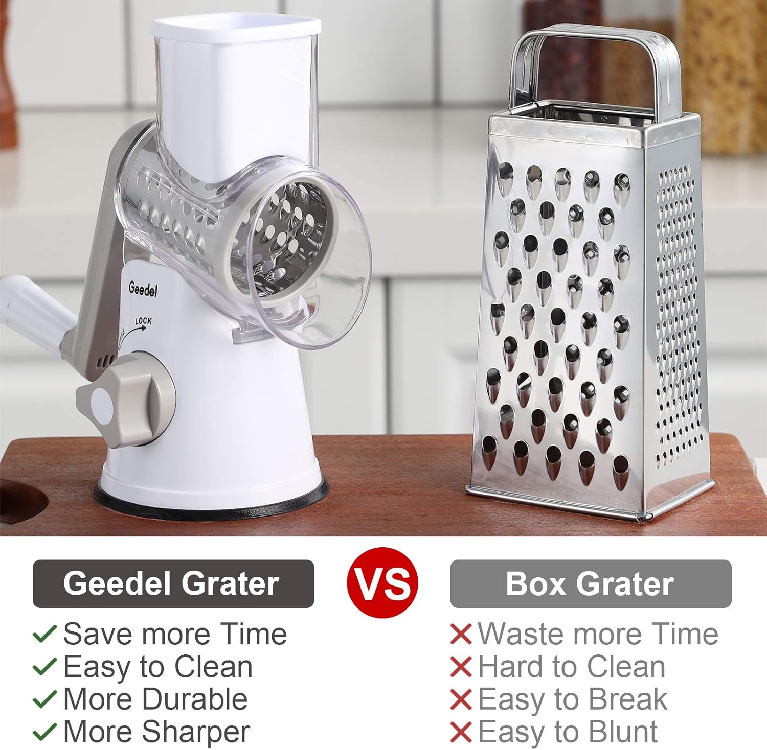 Geedel Rotary Cheese Grater, Kitchen Mandoline Vegetable Slicer with 3 Interchangeable Blades, Easy to Clean Grater for Fruit, Vegetables, Nuts