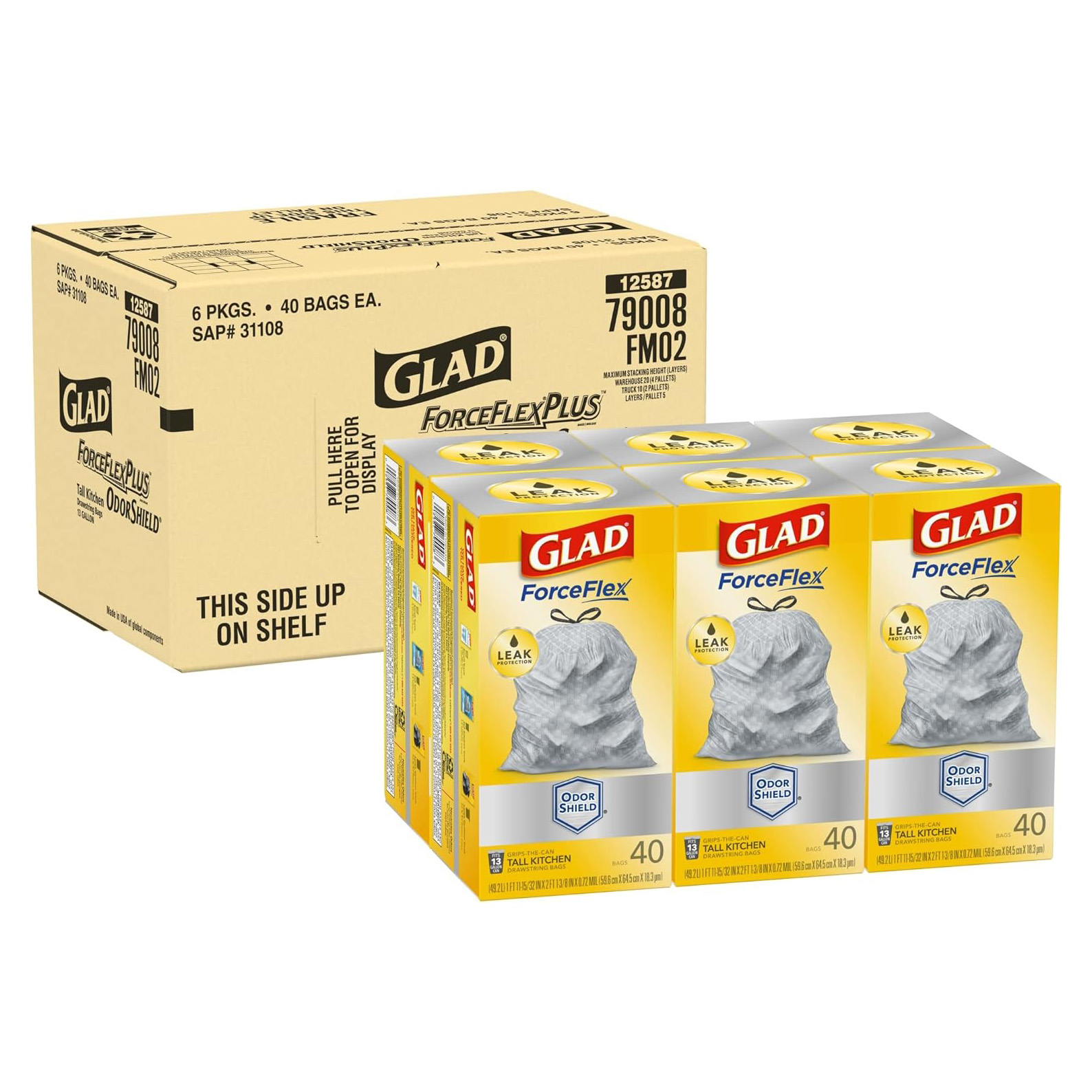 Glad Trash Bags, ForceFlex Tall Kitchen Drawstring Garbage Bags 13 Gallon White Trash Bag, Gain Moonlight Breeze scent with Febreze Freshness 100 Count (Package May Vary)