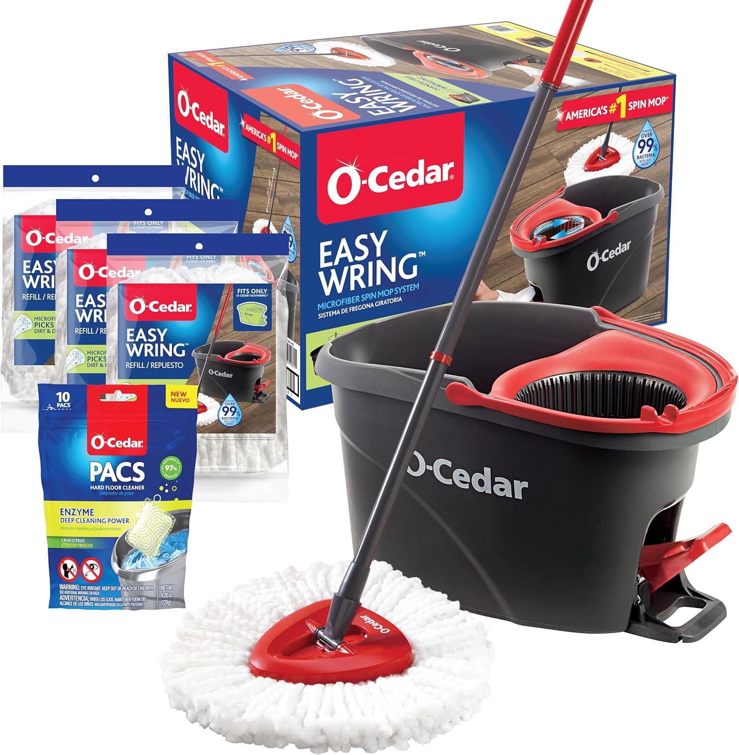 O-Cedar Easywring Microfiber Spin Mop & Bucket Floor Cleaning System with 3 Extra Refills