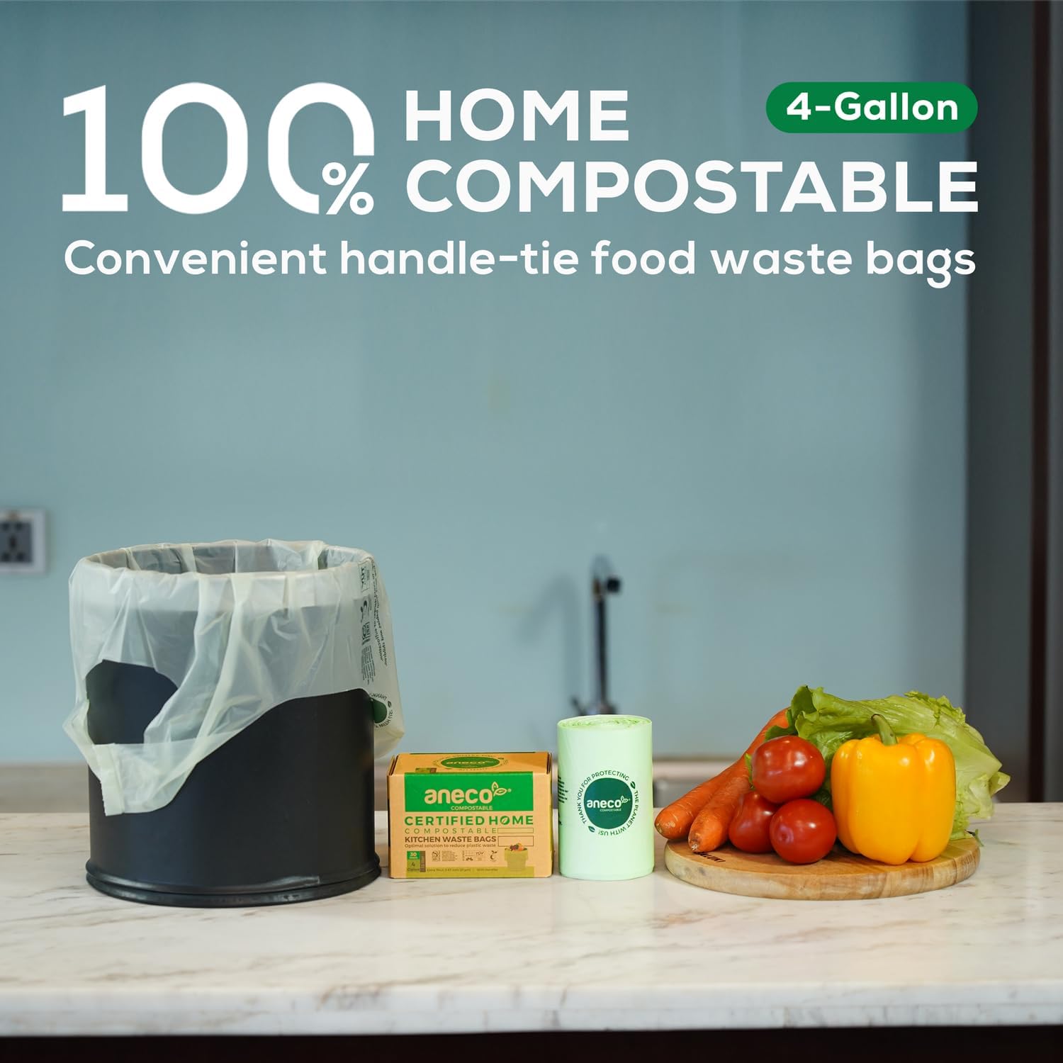 ANECO 100% Compostable Waste Bags 2.6 Gallon, Extra Thick Kitchen Small Compost Bags for Countertop Bin (100 Count)