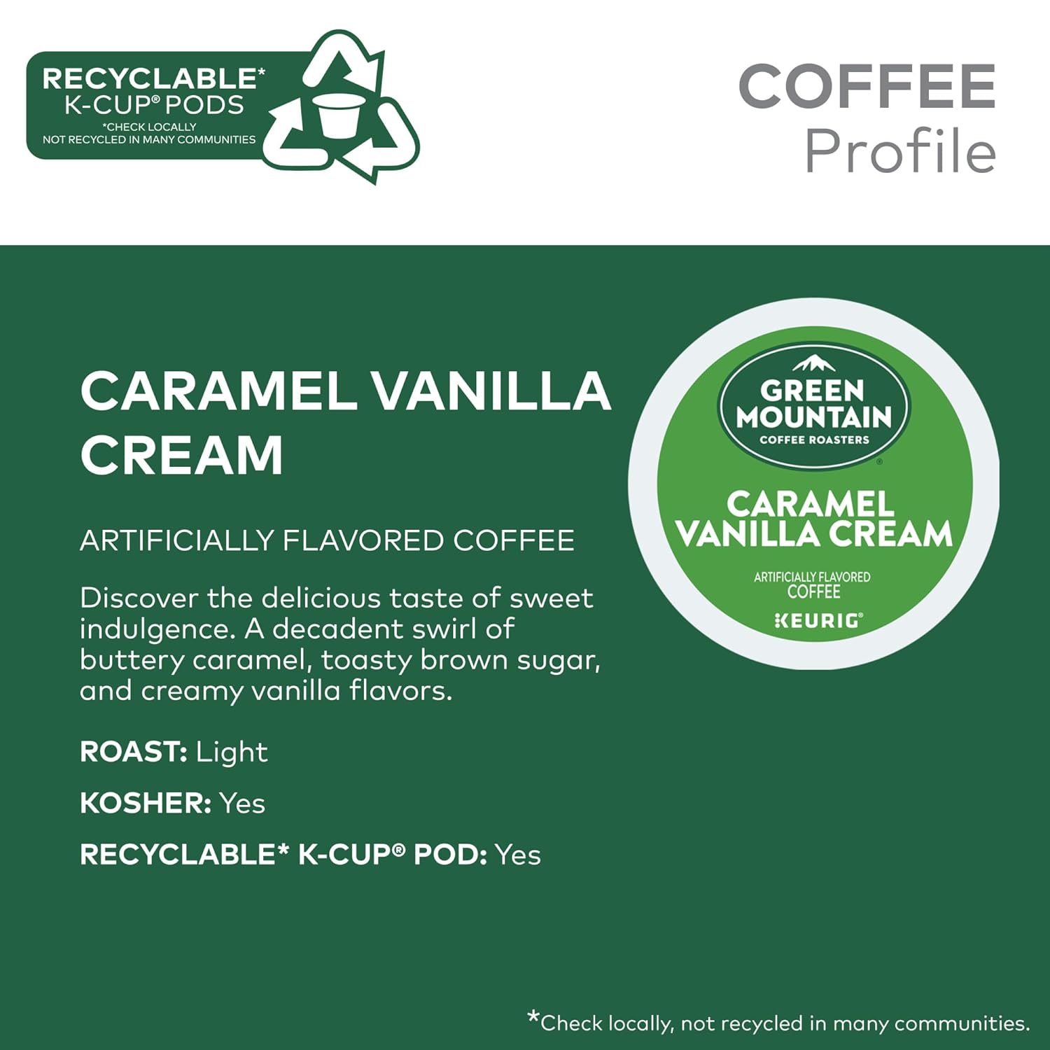 Green Mountain Coffee Roasters Caramel Vanilla Cream Keurig Single-Serve K-Cup pods, Light Roast Coffee, 72 Count (6 Packs of 12)