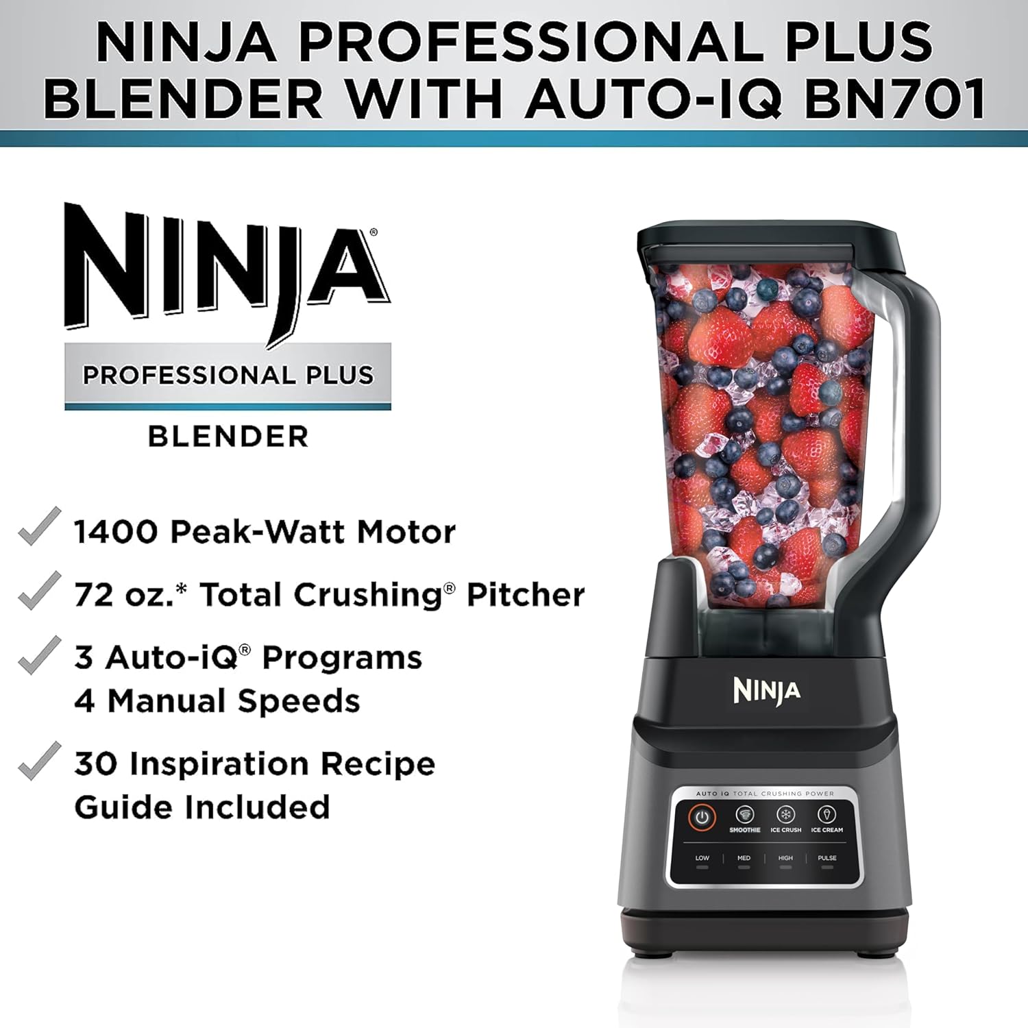 Ninja BN801 Professional Plus Kitchen System, 1400 WP, 5 Functions for Smoothies, Chopping, Dough & More with Auto IQ, 72-oz.* Blender Pitcher, 64-oz. Processor Bowl, (2) 24-oz. To-Go Cups, Grey