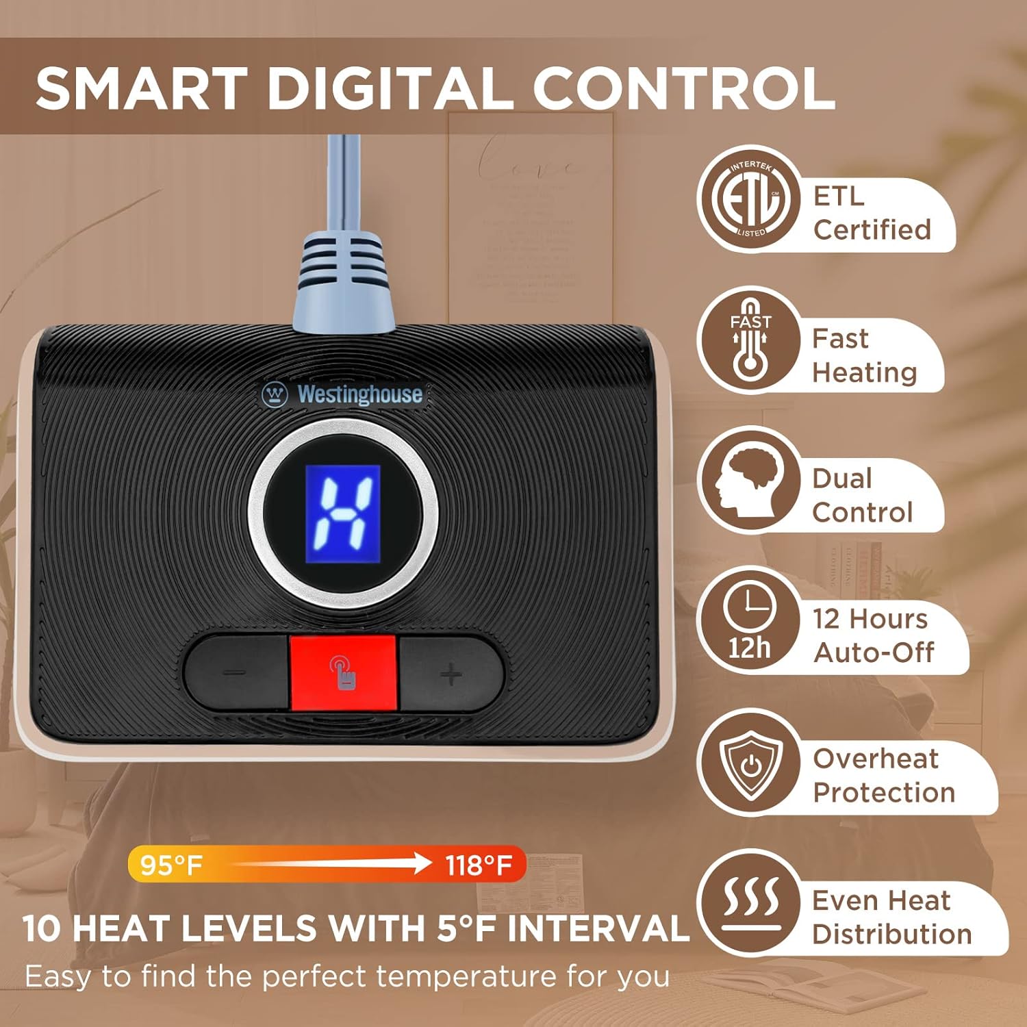 Westinghouse Heated Throw Blanket, Soft Flannel to Sherpa Electric Throw with 6 Heating Levels, 2-10 Hours Time Settings, Fast Heating, Machine Washable 50x60 Inch, Charcoal